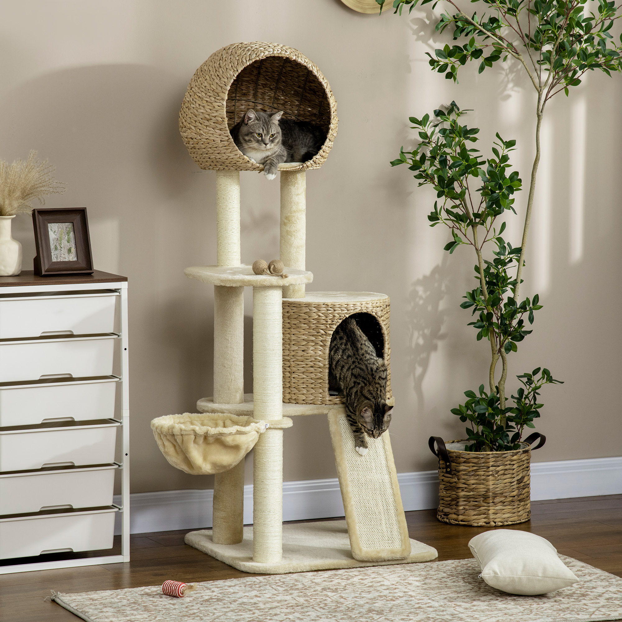 Image of 150cm Tall Multi-level Cat Tree With Cave, Platform, Hammock, Scratching Posts, Scratching Board, Ramp, And Tilt Protection, Cat Furniture For Cats Up To 5 Kg, Beige