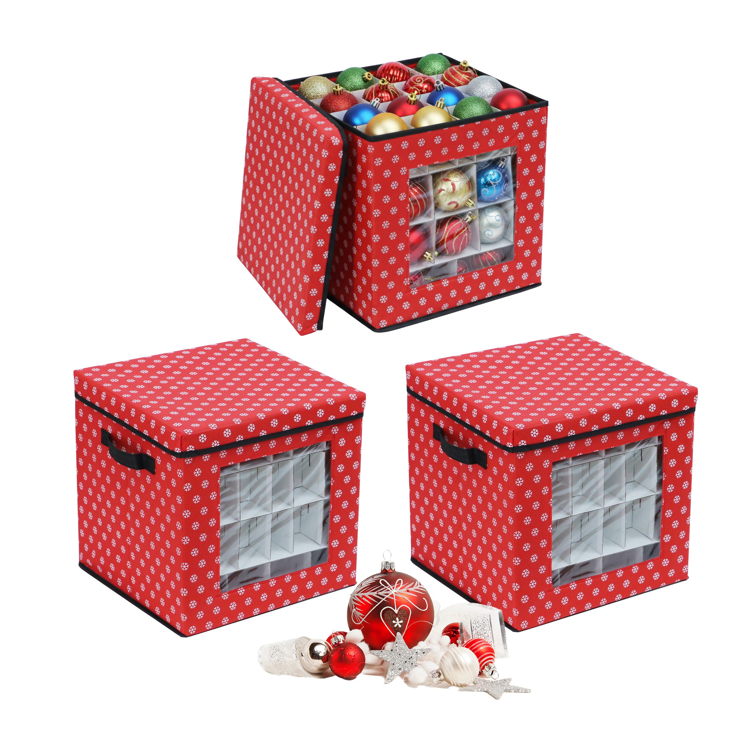 3 X Christmas Ball Storage Box In Red - (w)33 X (h)33 X (d)33 Cm