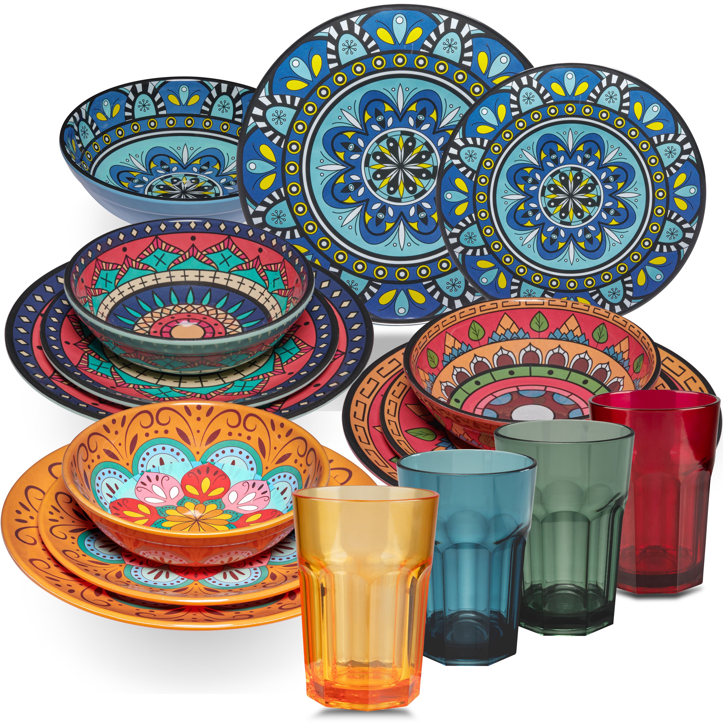 Melamine Tableware Set For - 16pcs - Colorful - Mandala Optics With Color- 400 Ml Acrylic Drinking Glasses, Dishwasher Safe, Camping Tableware, Camping Accessories, Camping