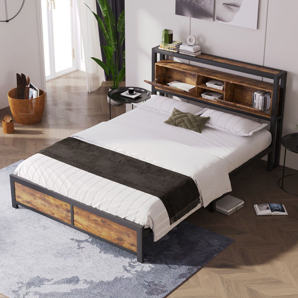 Image of 140 X 200 Cm Upholstered Bed With Storage, Headboard, Under-bed Storage, 26.5cm Clearance, Rustic Industrial Style, Metal Slats, Stable And Sturdy, Bedroom, Easy Assembly