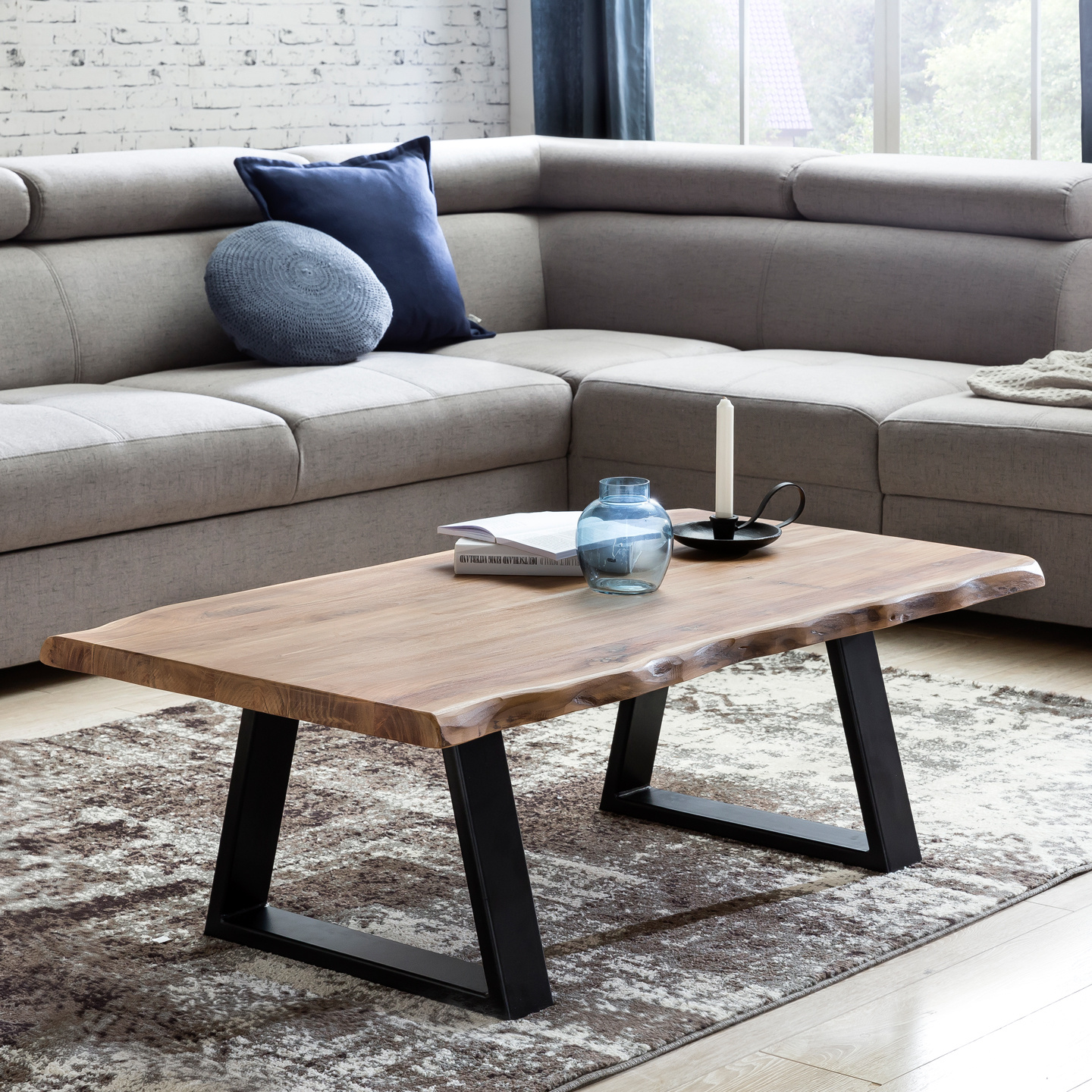 Coffee Table 115 X 40 X 60 Cm Solid Acacia Wood, Trunk Living Room Table, Farmhouse-style Side Table With Tree Edge