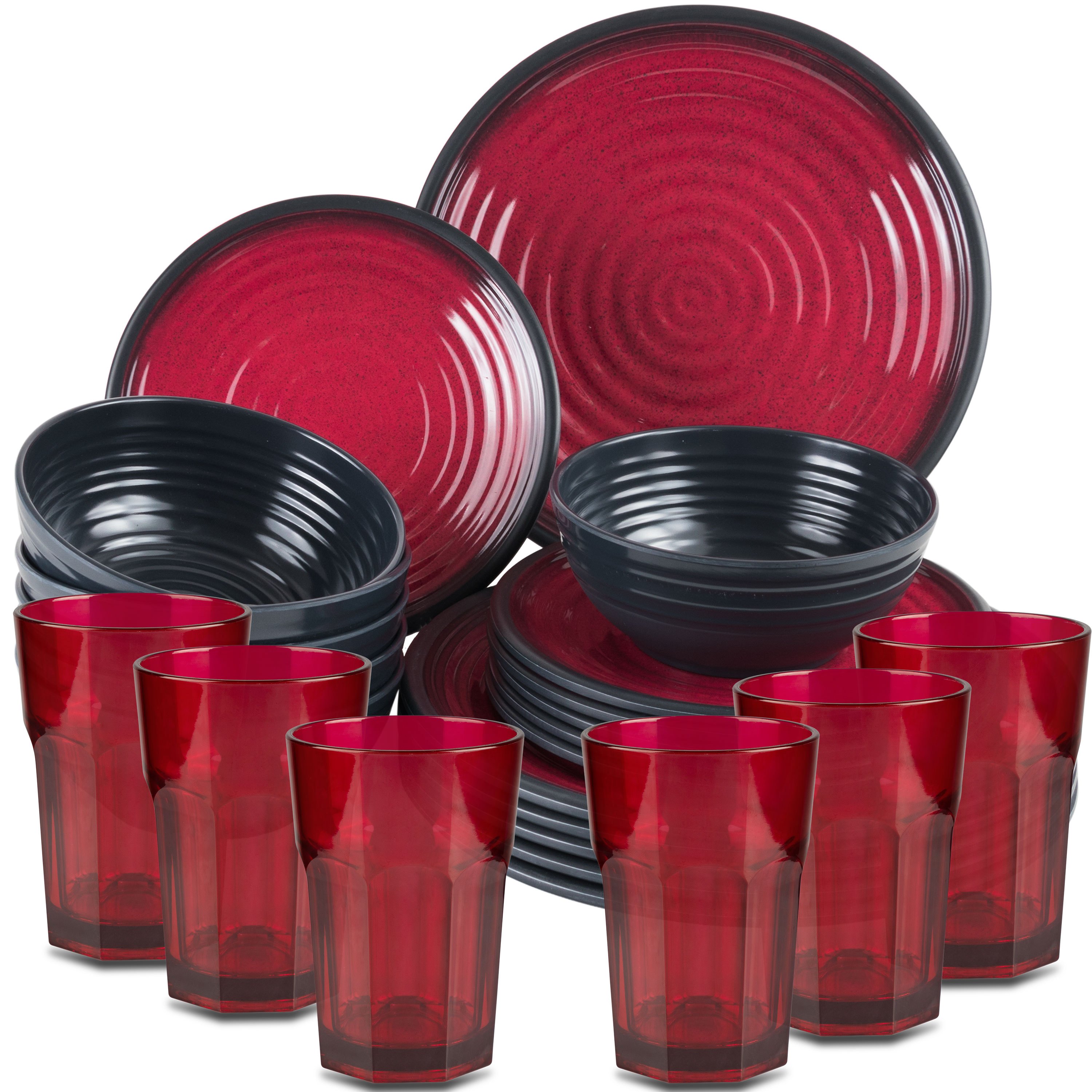 Image of Camping Tableware For 6 People, 24-piece Set With Camping Glass, Drinking Glass In Red And Look - Acrylic Dinnerware, Glasses, Water Glass - Ideal For Camping, Picnics, Modern Outdoor Use