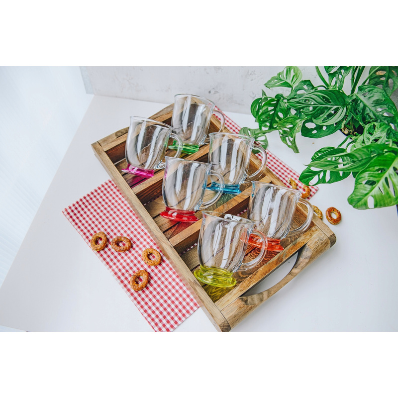 Image of 6pcs Set Of Glass Cups With Handle 400 Ml, Colorful Coffee Glasses Made Of Glass For Coffee, Tea, Cappuccino And Hot Drinks, Transparent Drinking Cups With Colored Bottom For Home And Office