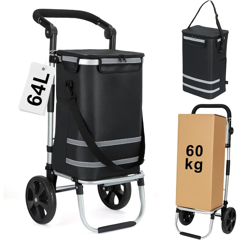E-shop Generisch Einkaufstrolley 64 L, klappbarer Einkaufswagen mit Aluminiumrahmen, bis 60 kg Tragkraft, große Rollen & höhenverstellbarer Griff,