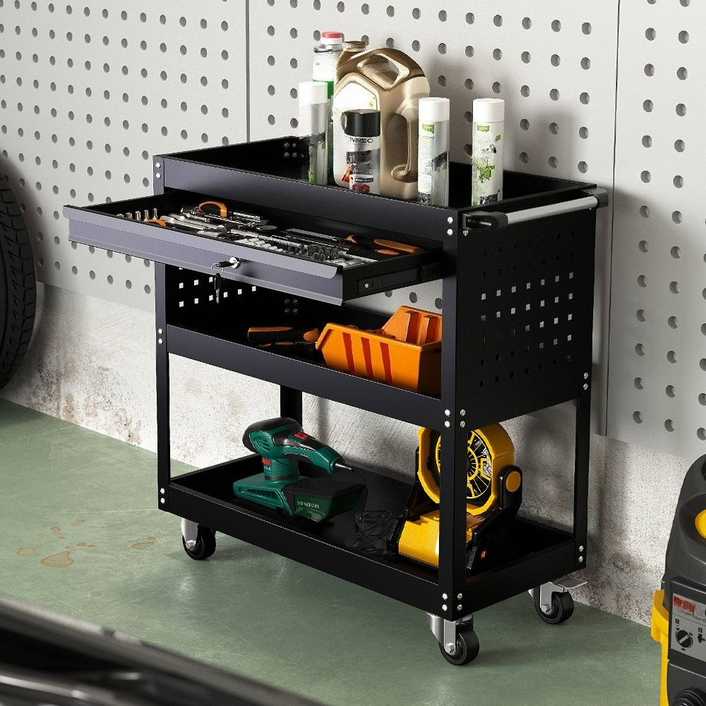 TEMU 3-tiers Heavy Duty Rolling Tool Cart - Lockable Drawers + Dual Side Tool Hanging Plates, Designed For Vehicle Maintenance , Perfect For Garage