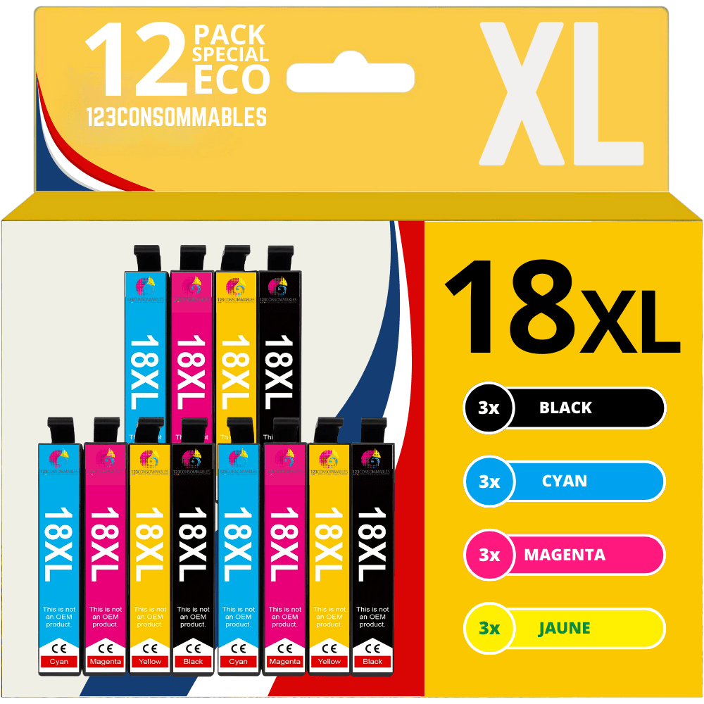 TEMU 123CONSOMMABLES - T18XL - Cartouches d'encre Compatible avec Epson 18XL pour Imprimante Home XP102 XP200 XP202 XP205 (Pack 12)