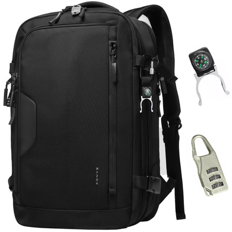 Waterproof Backpack For 15.6" Laptop, Urban Travel, Expandable 55 X 35 X 21-27 Cm, Suitable For Airplane, Men's And Women's, With Lock, Compass, And Bottle Holder, Black.