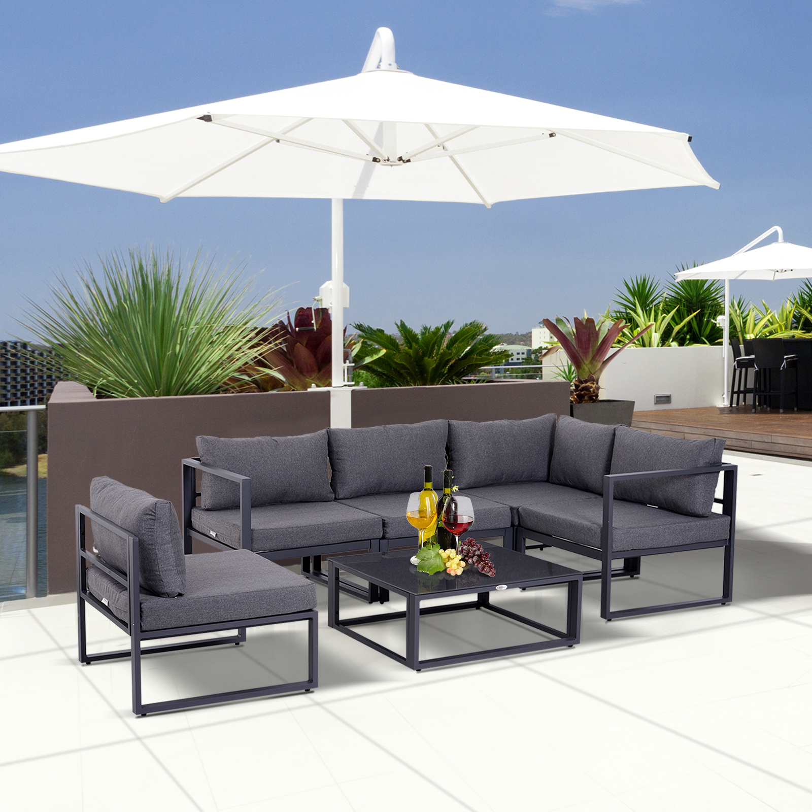 6-piece Garden Set Garden Sofa Set Garden Furniture Set Aluminum + Polyester + Gray 4 X Armchairs 1 X Corner Sofa 1 X Side Table Cushions For 4-5 People