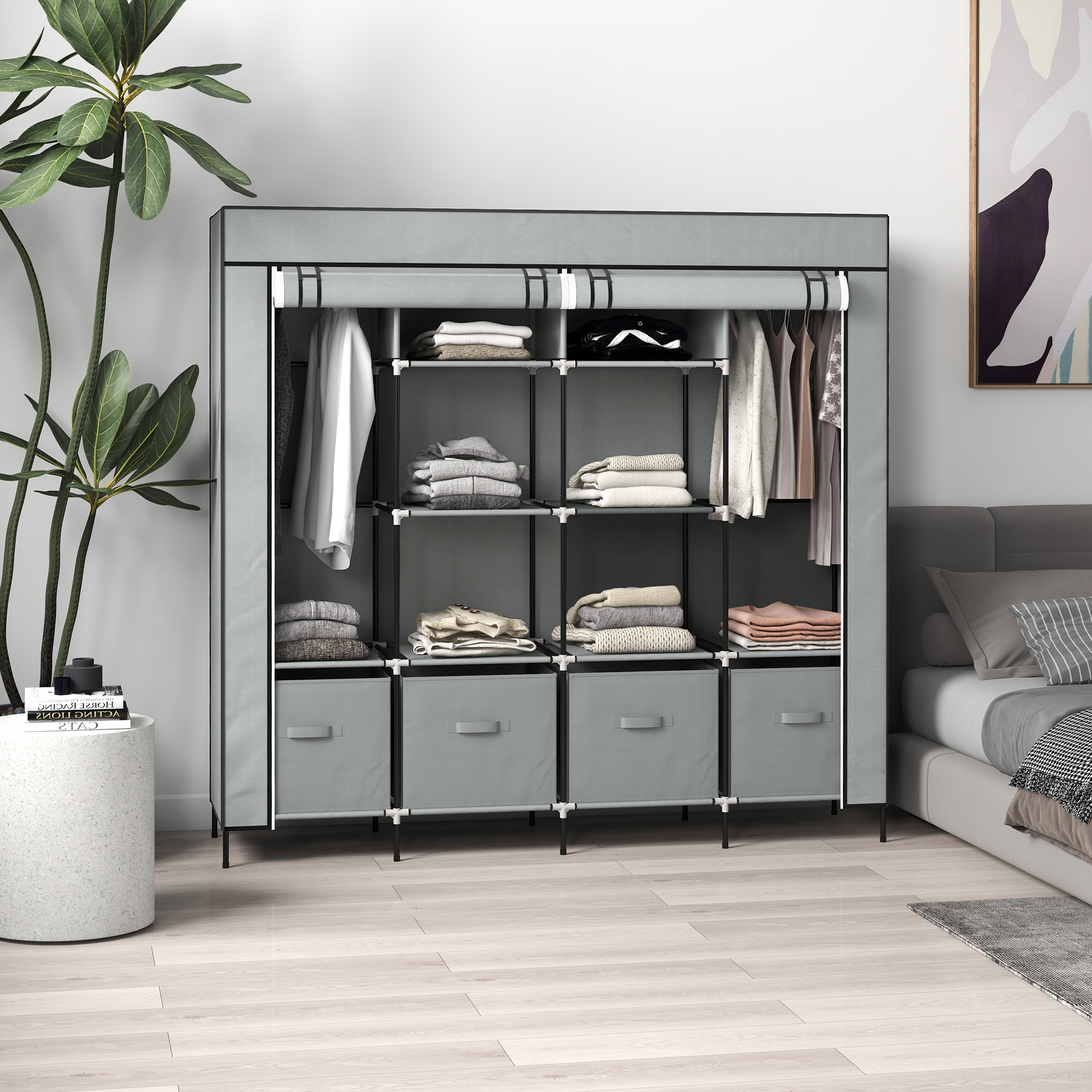 Clothing Cabinet, Wardrobe With Clothes Rail, 10 Compartments, 4 Drawers, Wardrobe In Velour Optics For Bedroom, Hallway, Dark Grey, 166 X 42.5 X 169.5 Cm