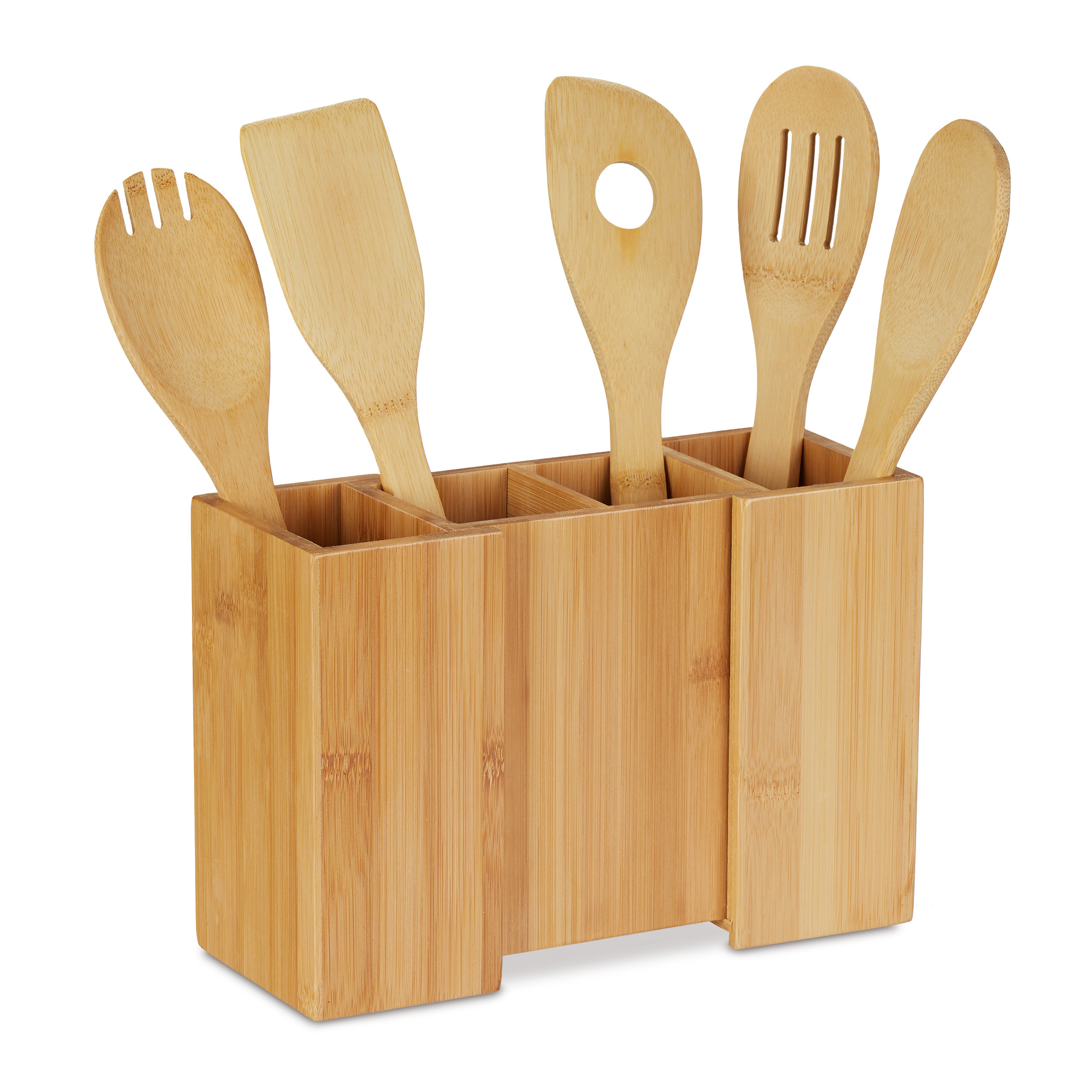 Kitchen Utensil Holder With 5-piece Cooking Utensil Set In Natural