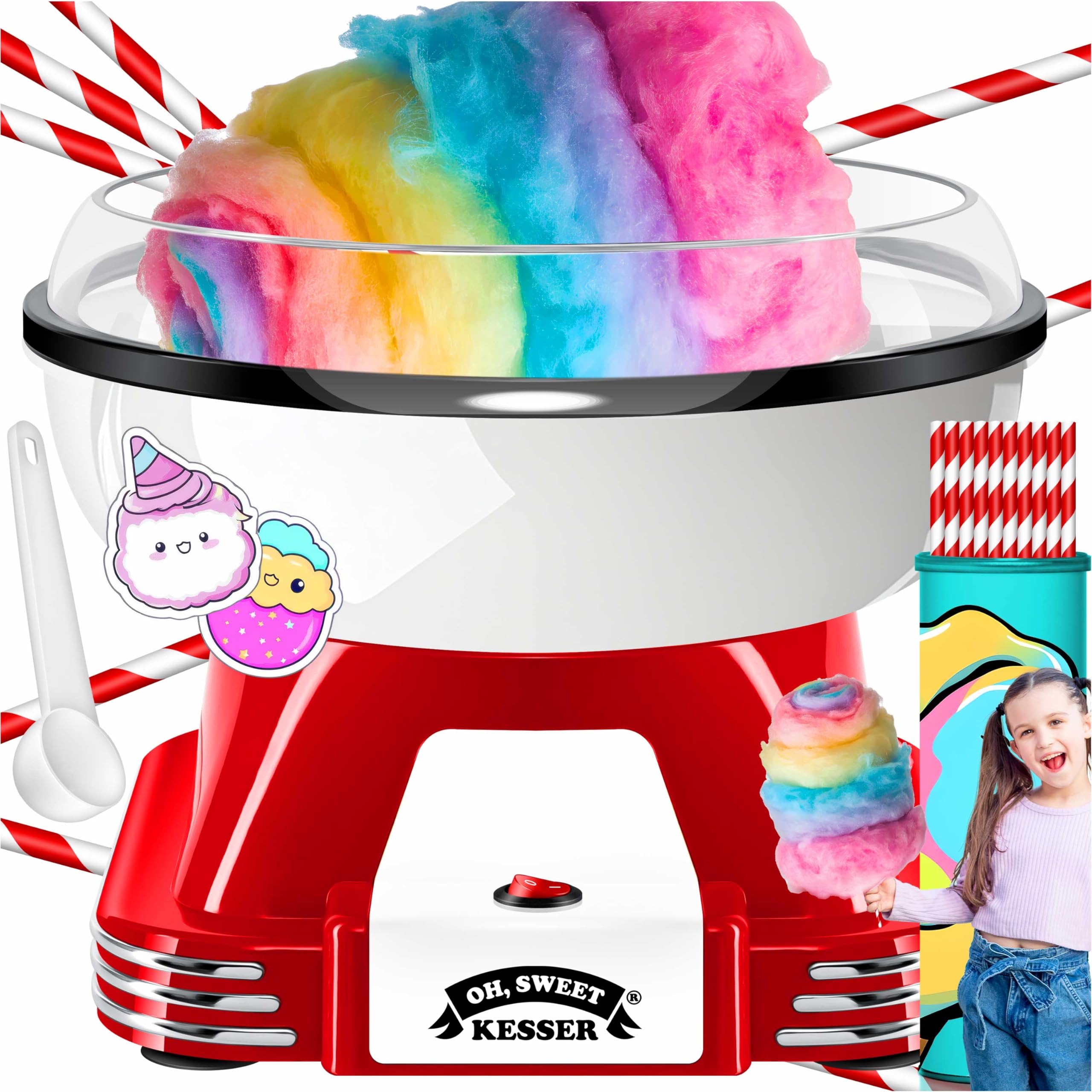 Kesser® Cotton Candy Machine Set - With 30x Cotton Candy Sticks & Measuring Spoon - Retro Cotton Candy Machine - Cotton Candy Machine With Accessories - Height 22 Cm - 500 White