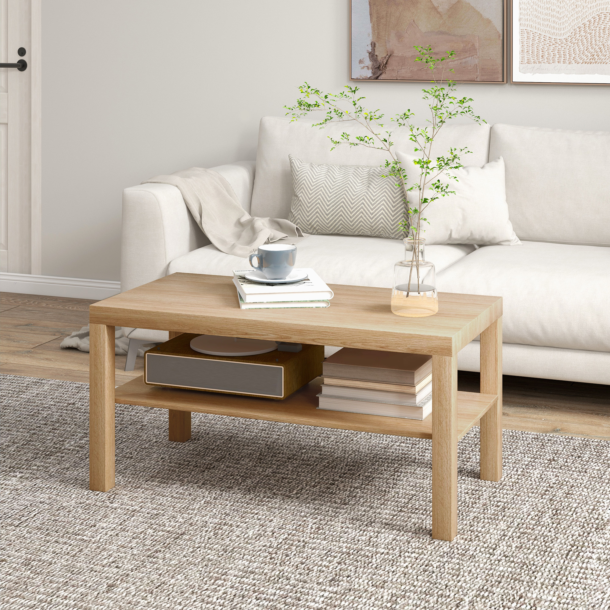 TEMU 2-tier Coffee Table With Storage Shelf, Rectangular Centre Table For Living Room, Home Office, Natural