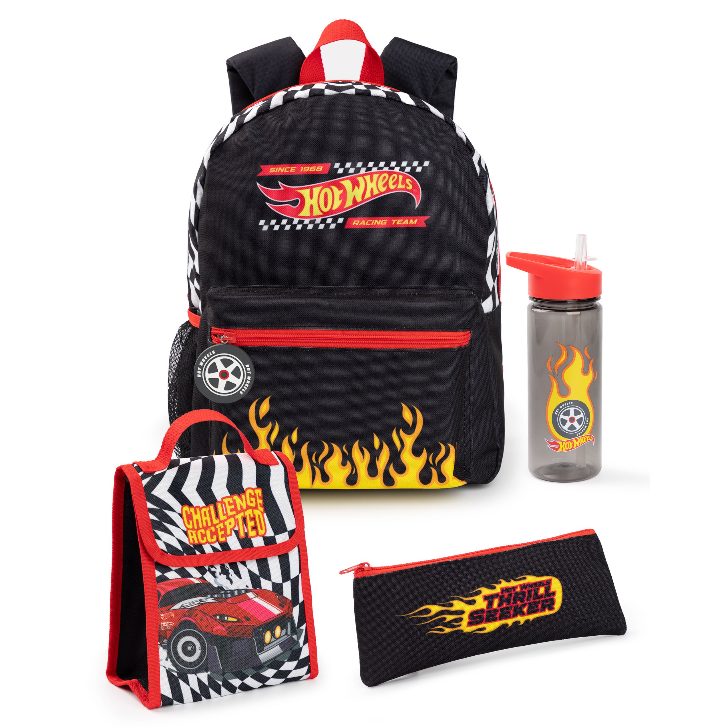 TEMU Hot Wheels Boys Backpack Set | Kids 4pcs Black Rucksack Bundle With School Bag, Pencil Case, Lunch Bag & Water Bottle | Line Graphic Complete