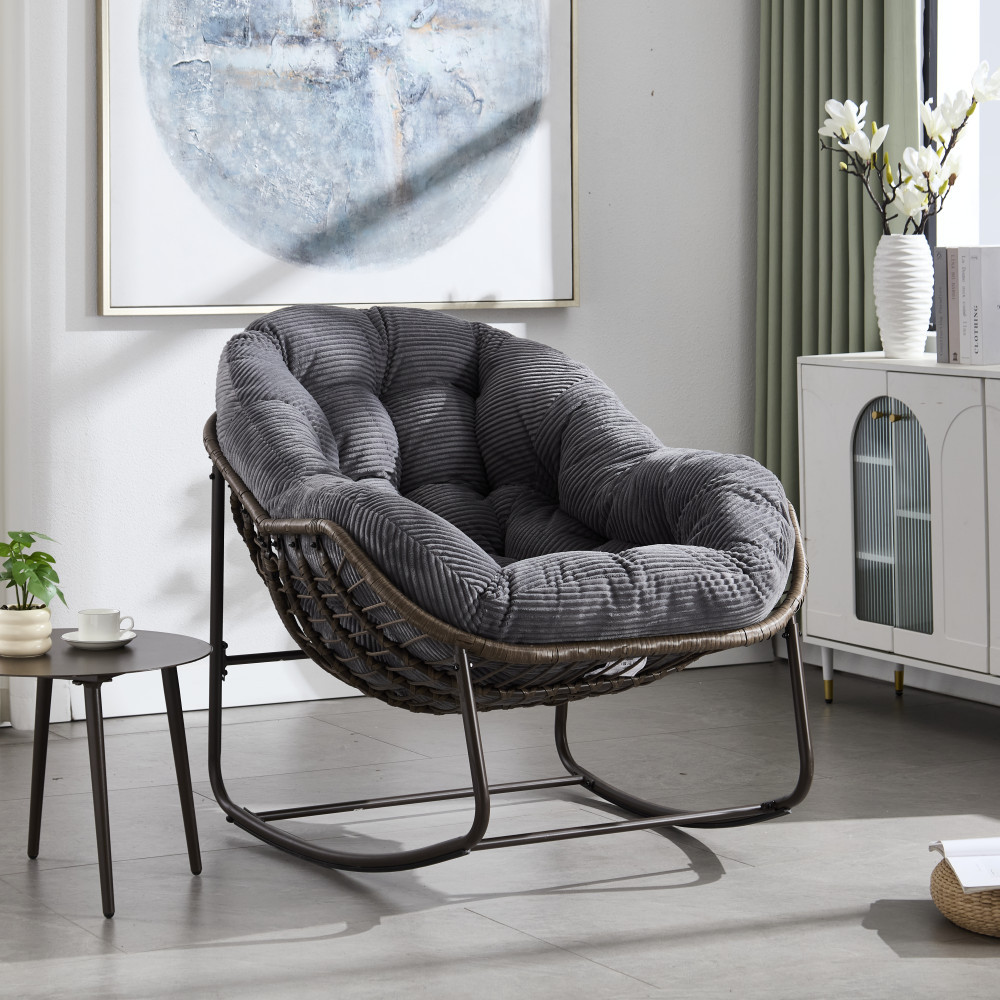 Image of Cozy Egg Swing Chair With Velvet Cushion (78x106x90 Cm) - Hand-woven Synthetic Rattan (color-fast), Ergonomic Curved Shape, Max. 250 Lbs - For Outdoor Lounge, Pool Area, Winter Garden