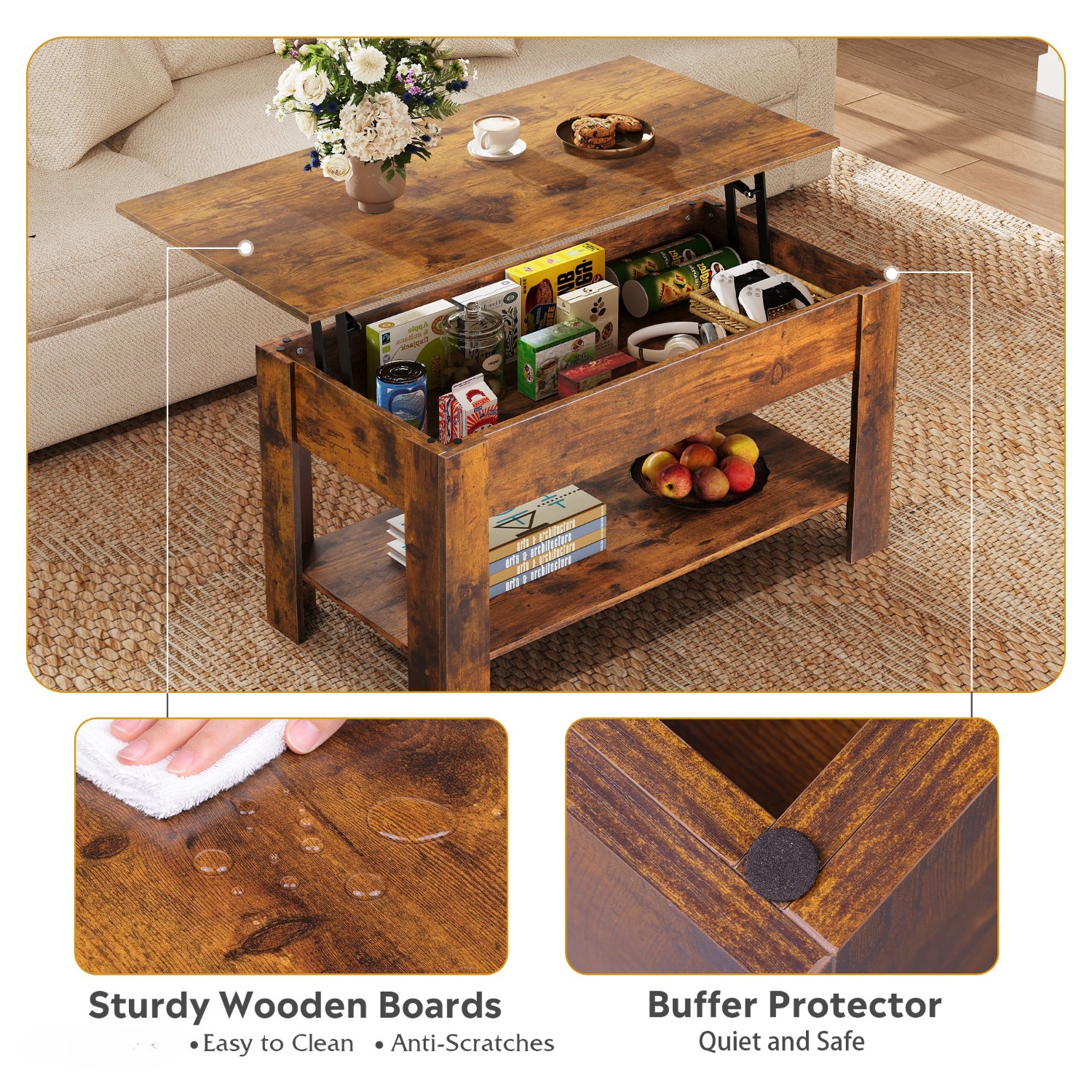 98cm Lift Up Coffee Table with Storage & Hidden Compartment