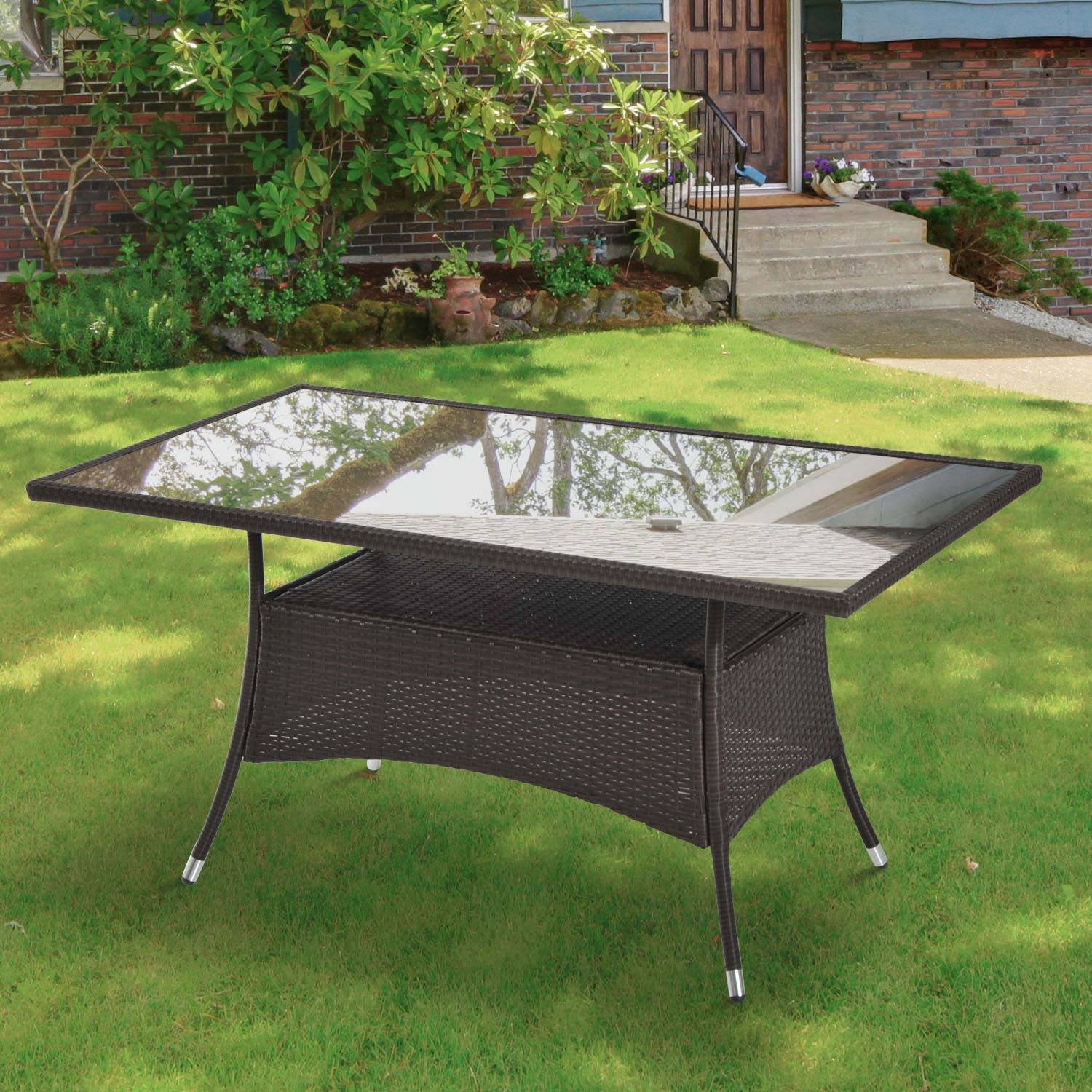Image of Garden Table Glass Table Dining Table Garden Furniture Table, Poly Rattan + Safety Glass, 150x85x75cm, Weather-resistant Outdoor Table With Storage Shelf