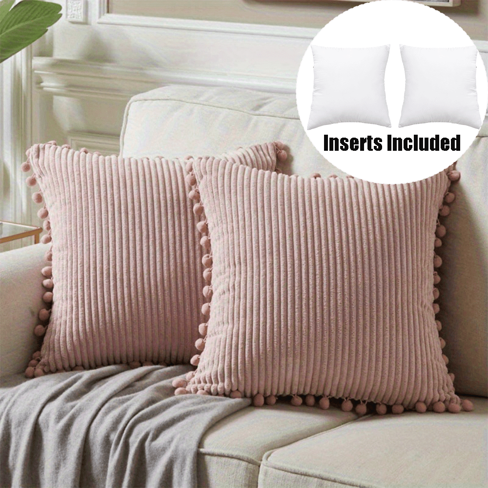 TEMU 2-pack Decorative Throw & Cover Combination Set, 18x18 Inch Pillow Inserts With Pom Poms Decor, Boho Farmhouse Home Decor, Soft Corduroy Accent