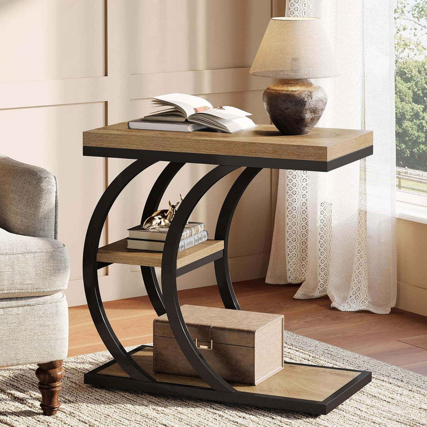 Image of 1pc Vintage End Table For Living Room, Modern 3-tier Narrow Wood Couch Side Table With Storage, Industrial Nightstand For Bedroom, Small Spaces, Natural