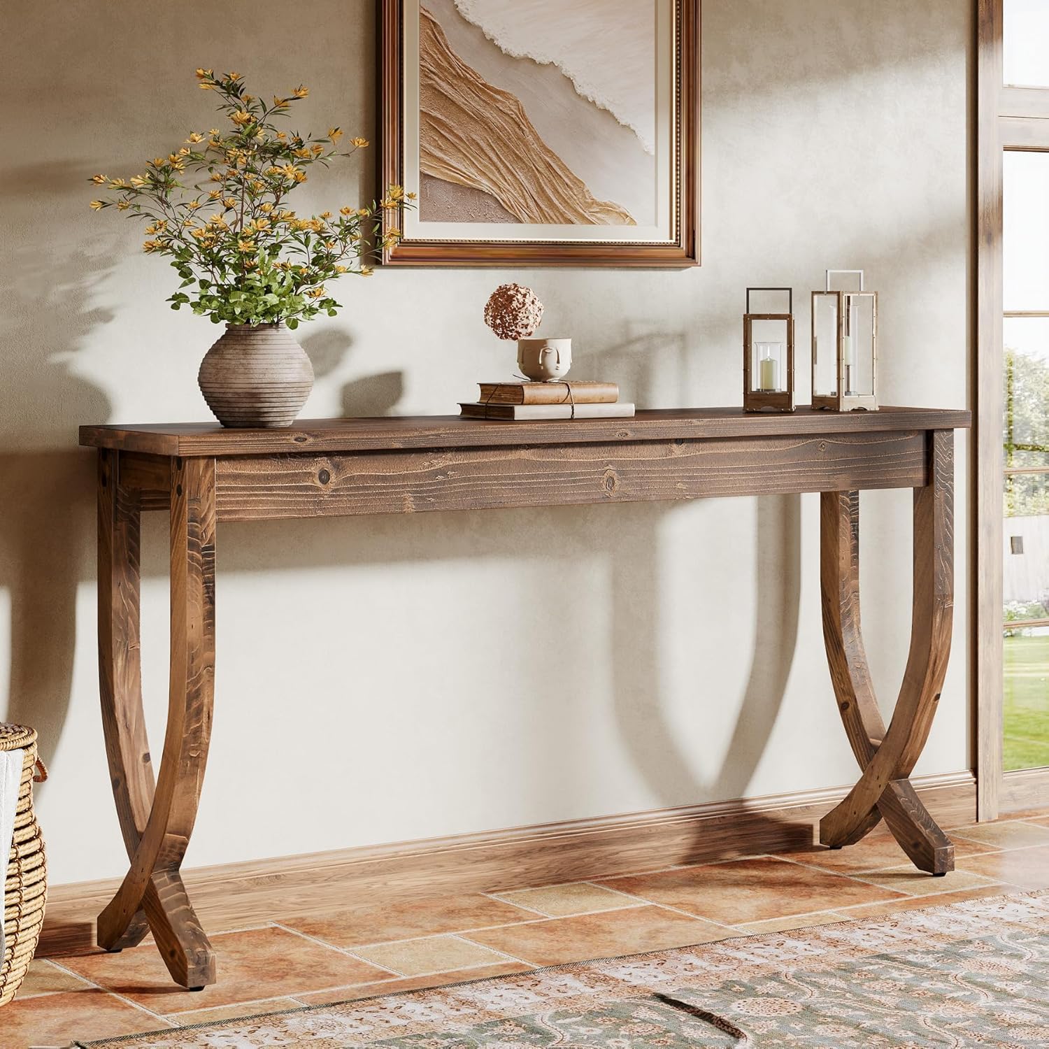 Image of 160cm Solid Wood Console Table, Farmhouse Entrance Table, Long Sofa Table For Living Room, Hallway, Entrance, Foyer, Brown