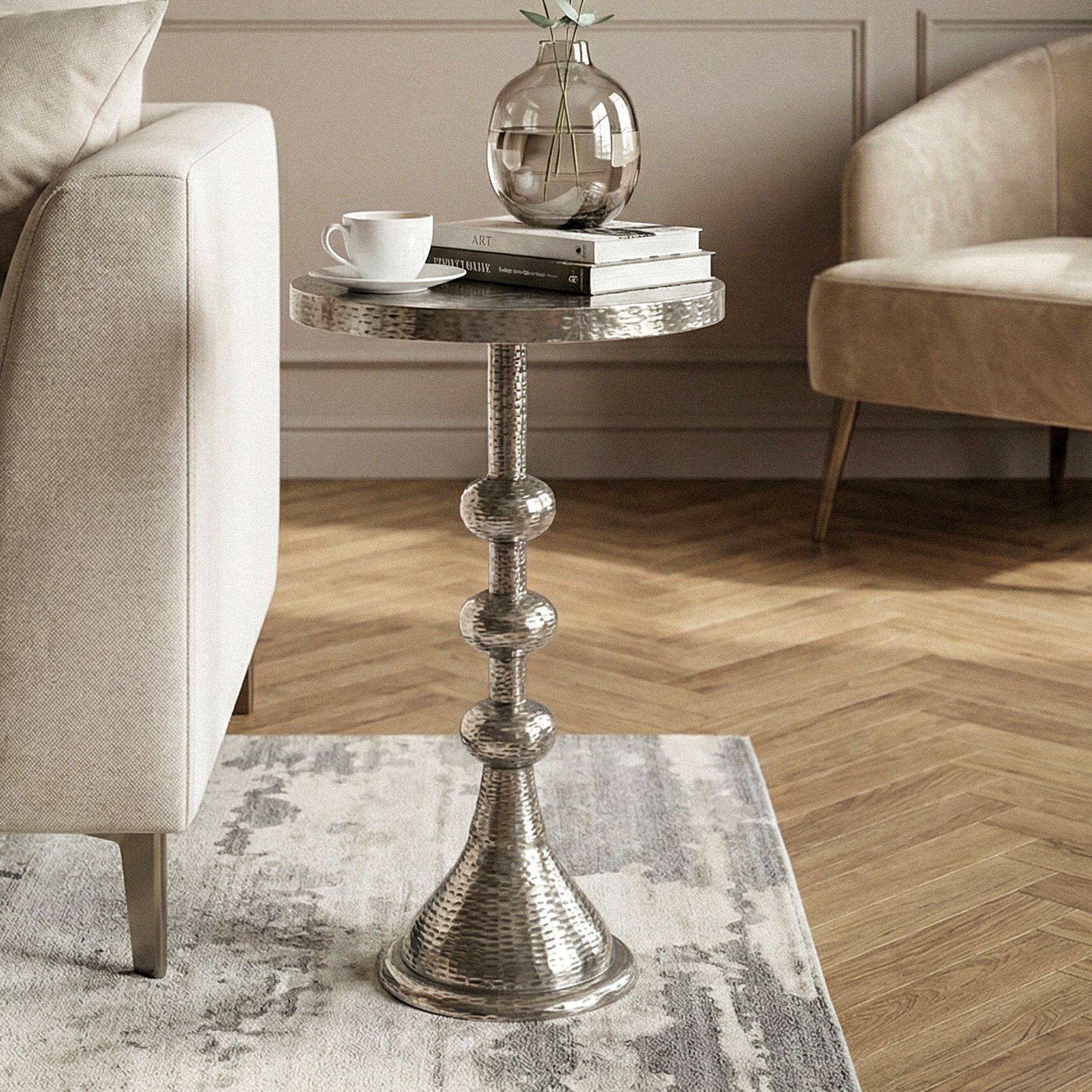 Image of Side Table Aluminum Silvery 30cm Round End Table Metal - Decorative Alu Oriental - Small Living Room Table - Design Coffee Table Sofa Table Living Room Oriental Handmade