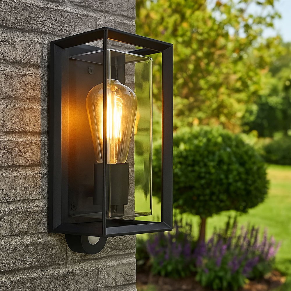 Image of Outdoor Wall Lamp With Motion Sensor, Front Door Light, Garden Lamp, Facade Lamp, Metal Black, Plastic Clear, 7w 806lm Warm White, Bxh 13x28 Cm