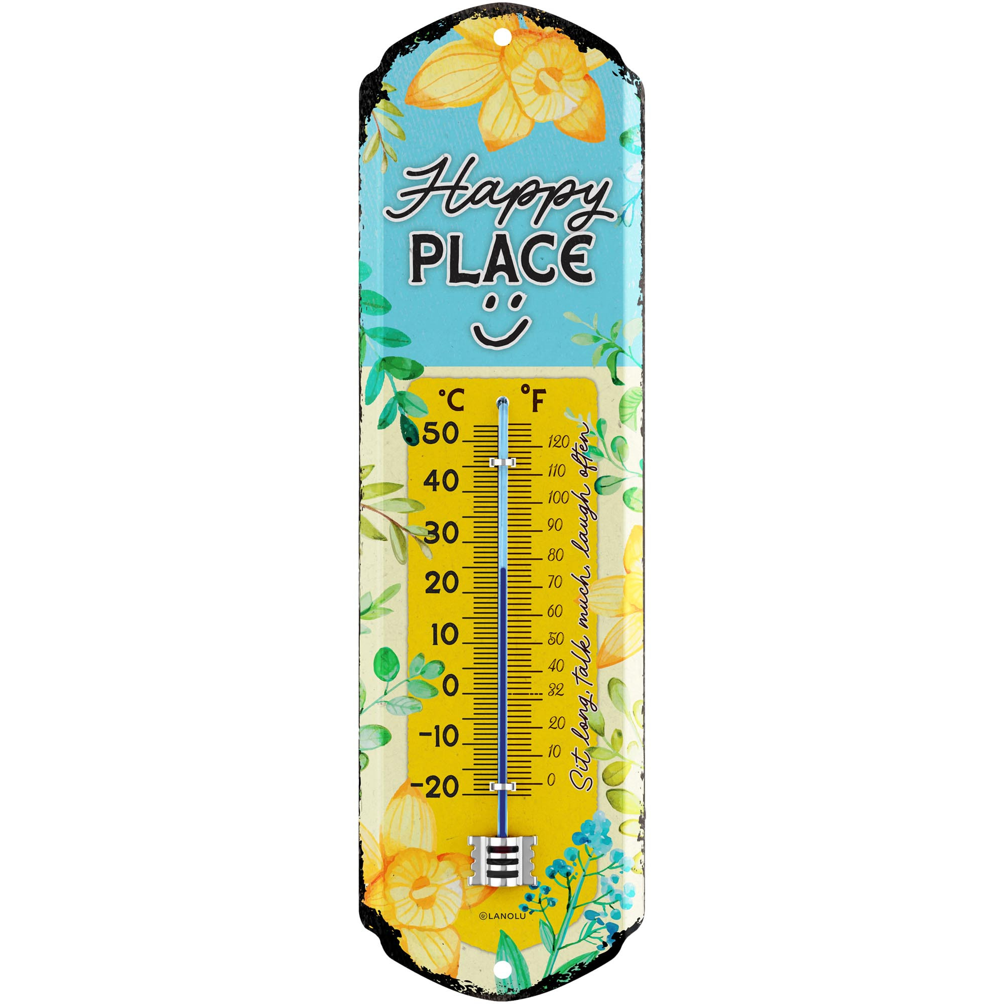 Image of Retro Outdoor Thermometer – Happy – Spot Sign, Retro Metal Thermometer For Garden, 8x28 Cm