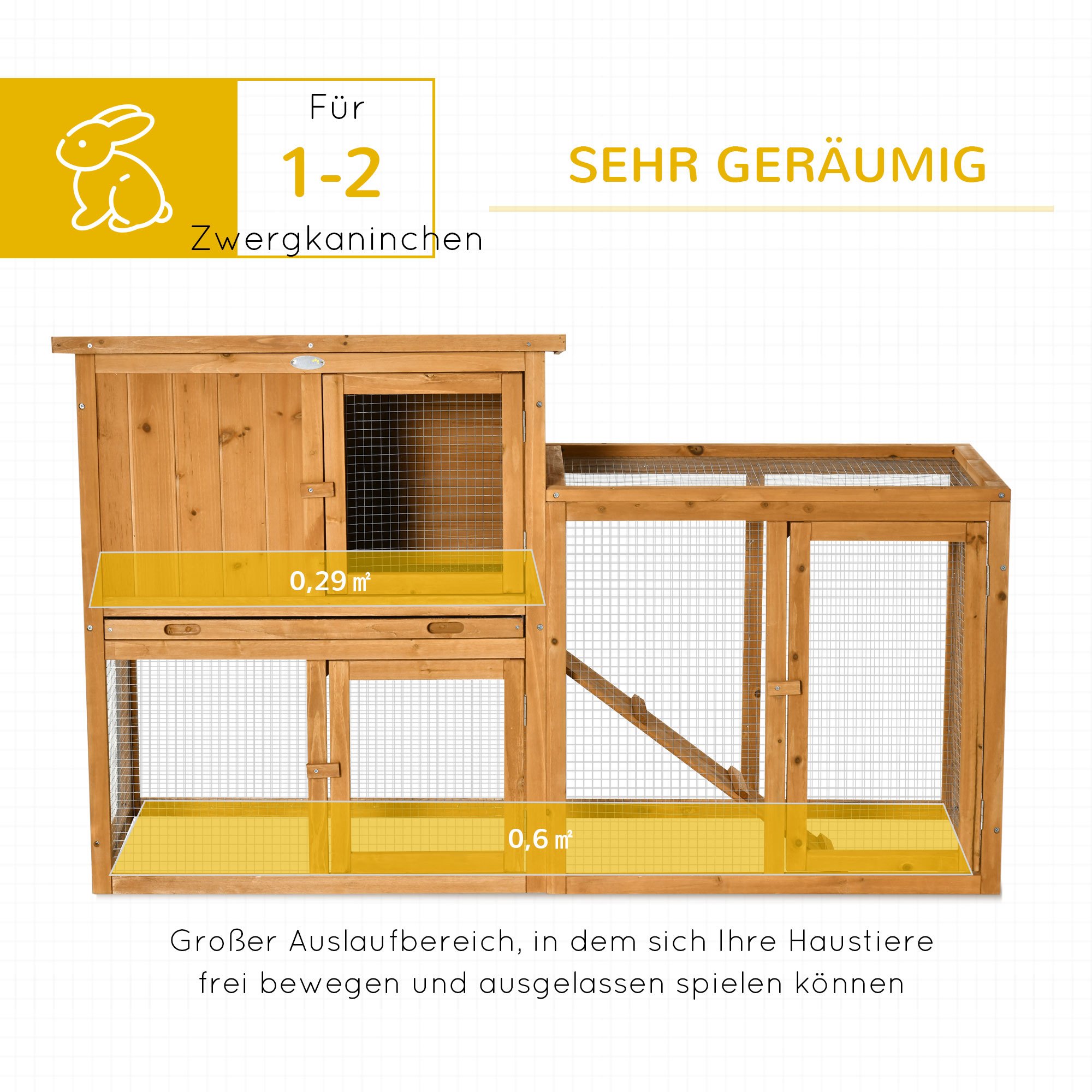 Rabbit Hutch with Removable Tray and Ramp, Small Animal Cage, Outdoor/Indoor Pine Wood, Orange, 141 x 60 x 86 cm