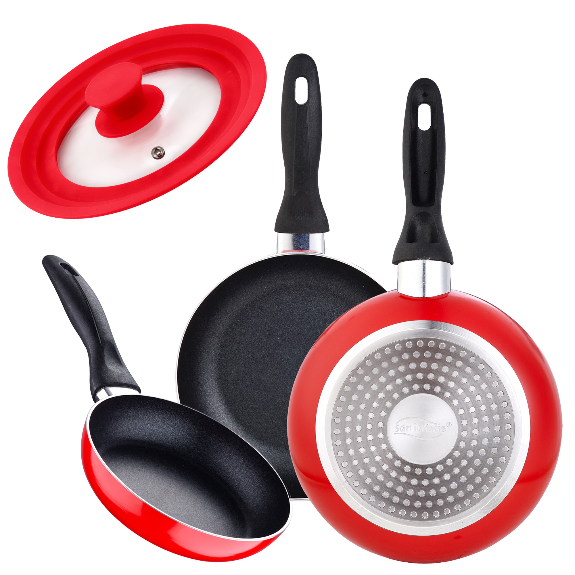 Image of Set Of 3 Pans 16/20/24 Cm, Red, With Universal Red Lid, Pressed Aluminum, Induction Compatible