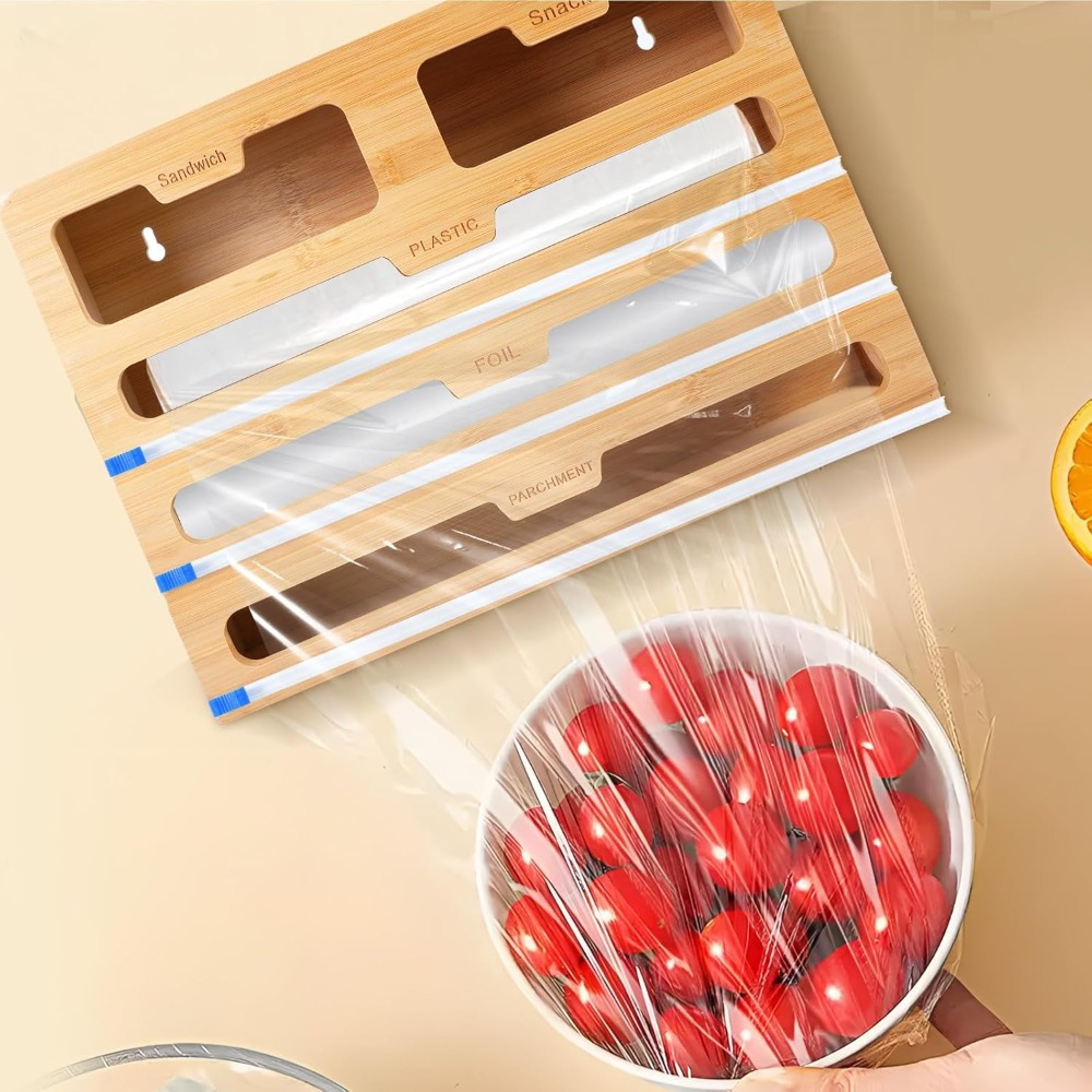 Bamboo Foil Holder, Aluminum Foil Dispenser With 5 Compartments For Aluminum Foil, Cling Wrap, Parchment Paper & Freezer Bags, Kitchen Organizer