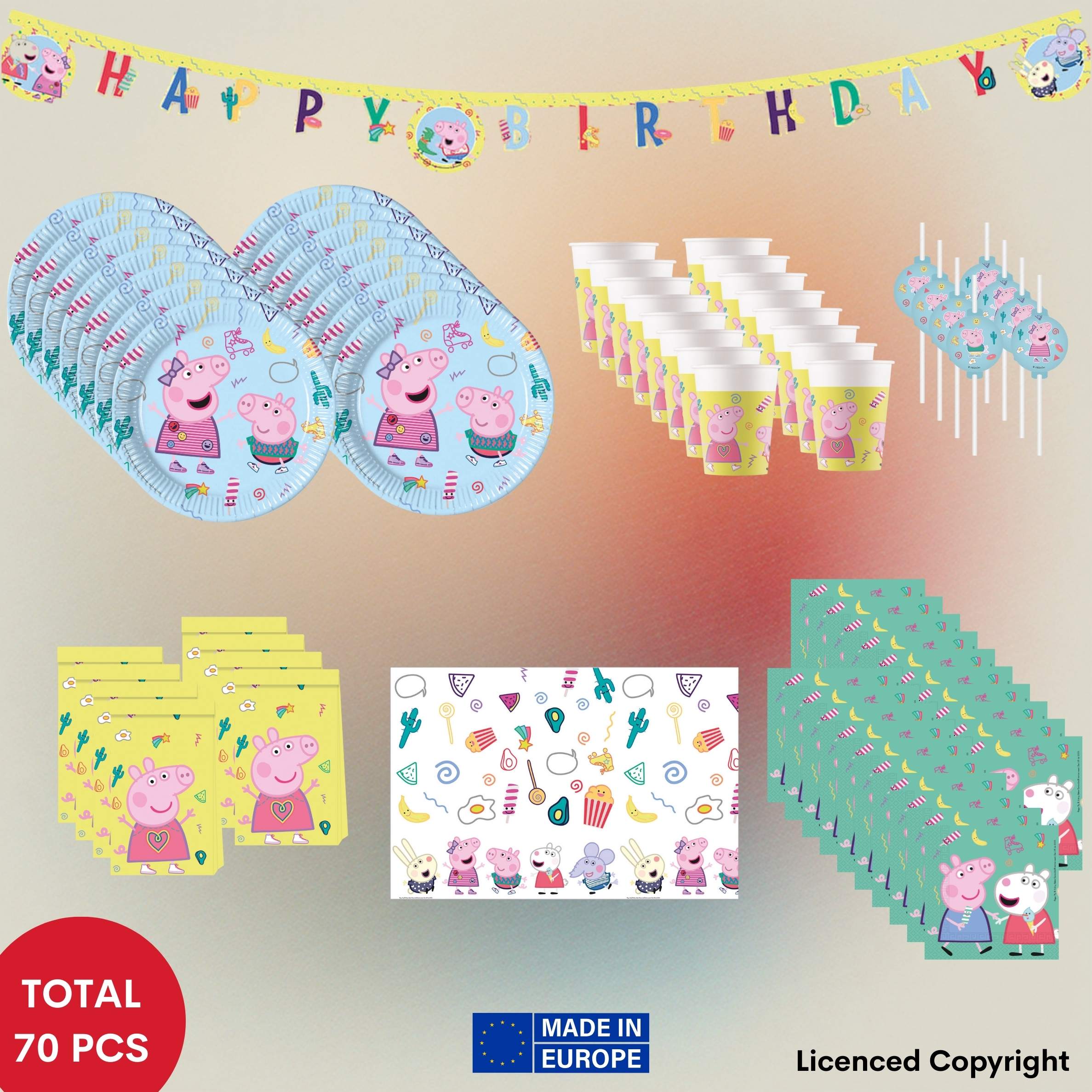 TEMU 70pcs. Peppa Pig Party Set For Children's Birthdays - With 1 "happy Birthday" Paper Banner, 1 Tablecloth (120×180 Cm), 20 Napkins (33×33 Cm), 16