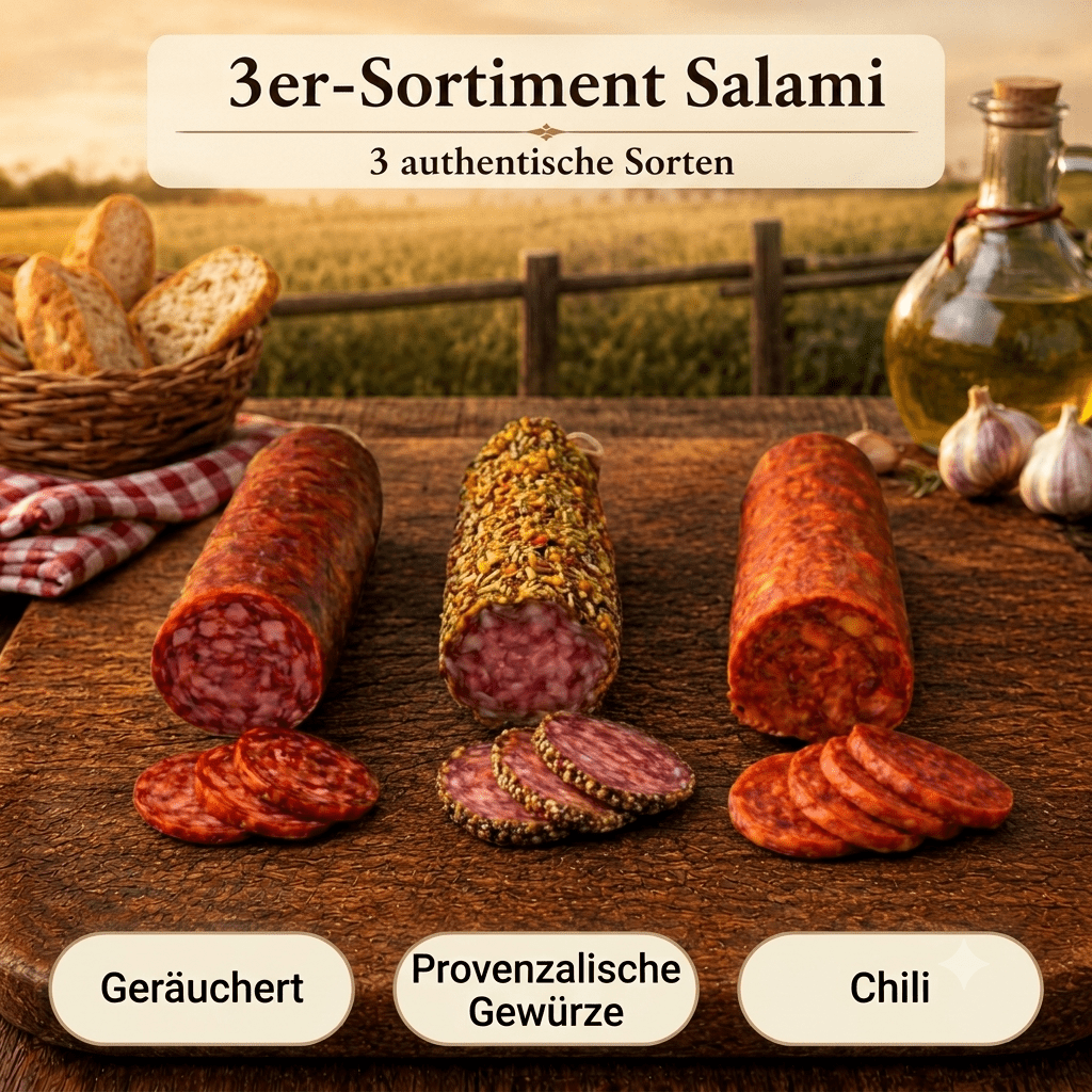 Image of 3-piece Salami Assortment - Flavors: Smoked, Provençal Spices, And Chili ◈ 100% French Salami ◈ Natural Casings And Hand-tied ◈ Artisanal Craftsmanship By Chillet House Since 1902