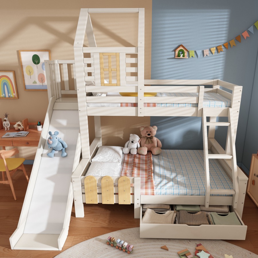 Bunk Beds for Kids, Wooden Cabin Bed with Ladder and Slide, Multi-functional Tree-house Bed, Children's House Bed, Twin Sleeper (90+135) x 190 cm, Solid Wood, White