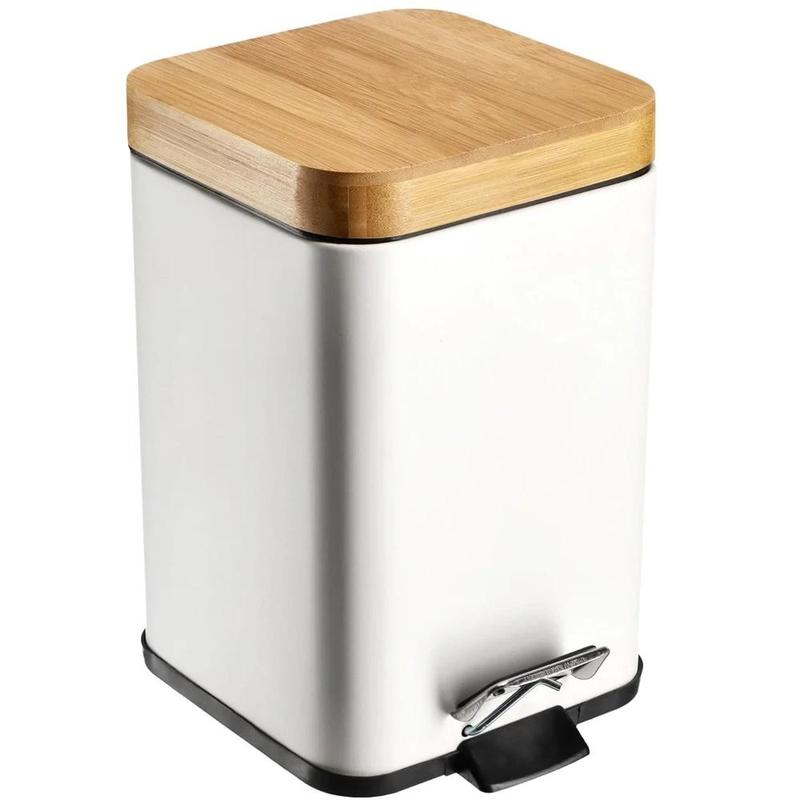 Square Bathroom Trash Bin, Bamboo Lid, Foot Pedal, 5 , White