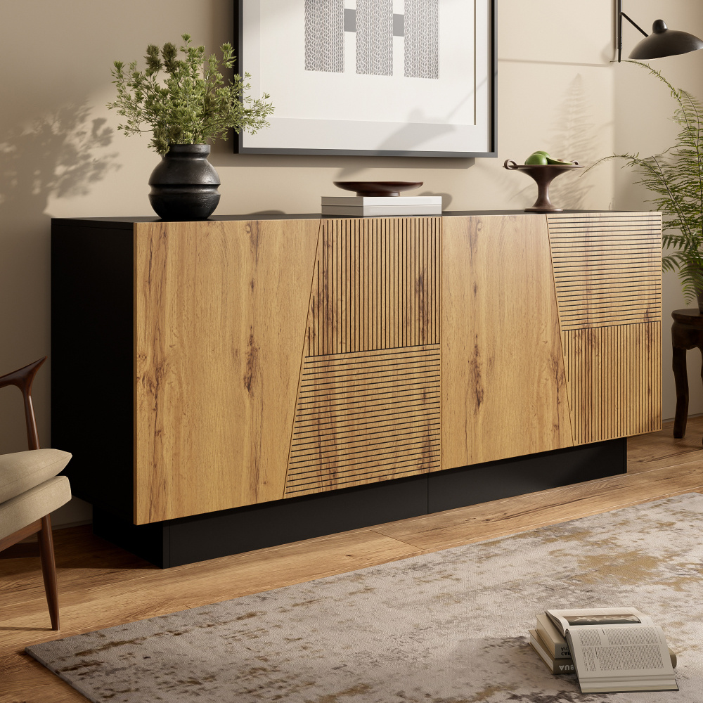 Image of Large Sideboard, . 160 × 72 × 40 Cm, Made Of High-quality Pb. Geometric With Vertical Lines And Beveled Edges, Durable And Easy-to-. Storage Space, Suitable For Dining Room, Living Room, And Hallway