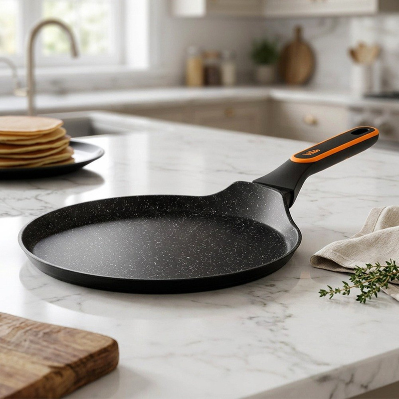 Image of Terruna 24 Cm Vilde Granite Pancake Pan, Granite Coating, Aluminum, Black, Flat 24 Cm Pan, Non-heating Non-slip Handle, For Pancakes, Pies, Omelets, Induction, Gas, Electric, Ceramic, Dishwasher Safe