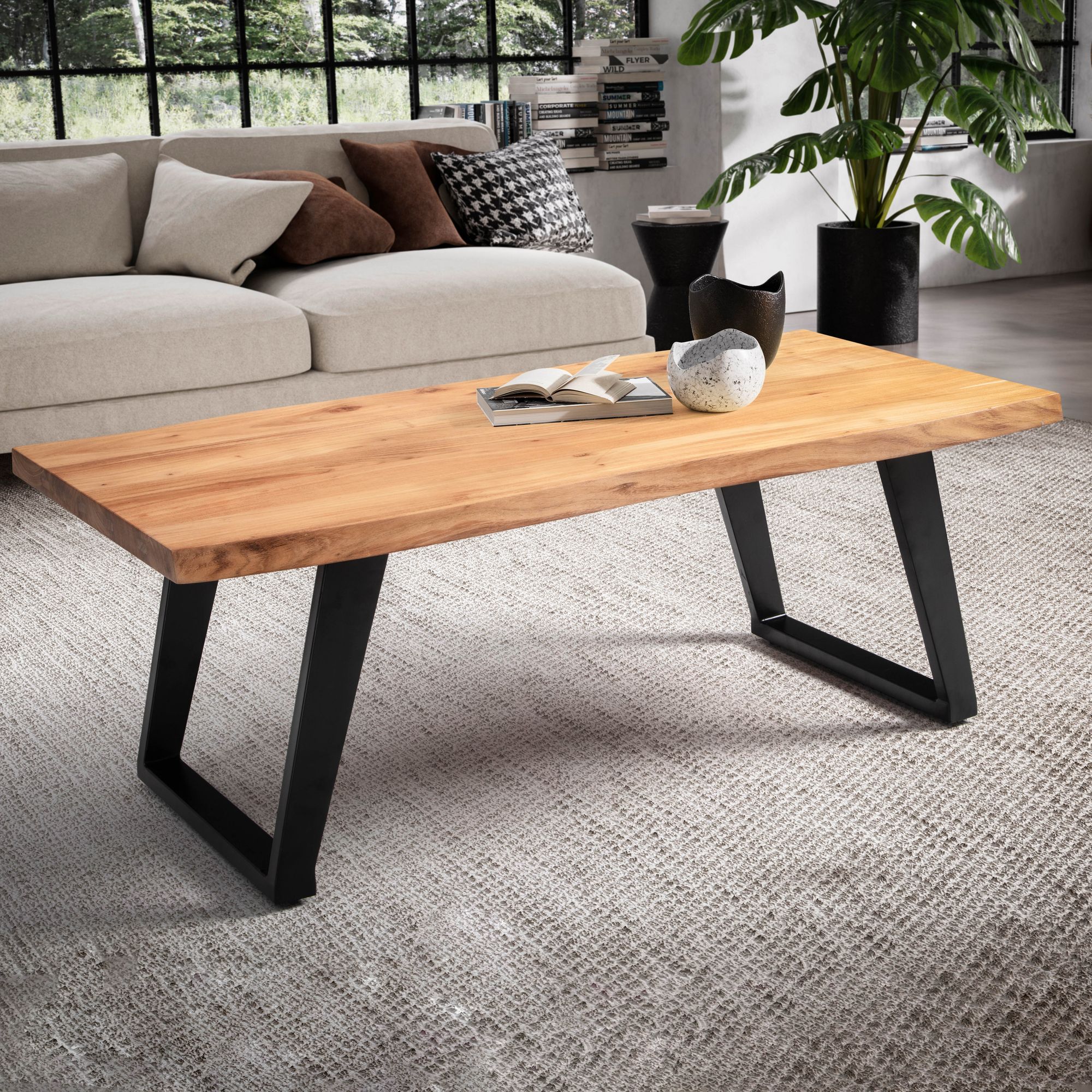 Image of Coffee Table 120x60x46 Cm Solid Acacia Wood / Metal Tree Edge, Design Living Room Table Rectangular, Sofa Table Room Table Brown, Coffee Table With Black U-shaped Legs