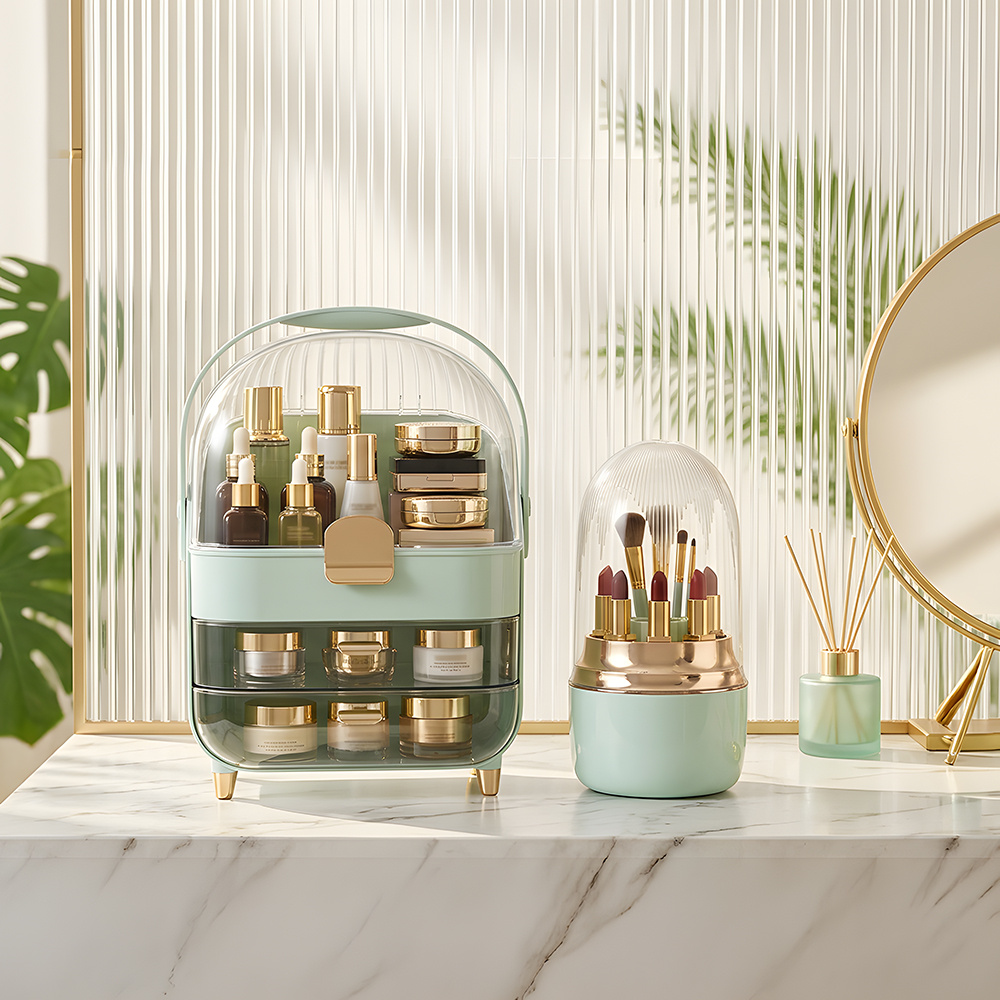 Cosmetic Storage Box with Rotating Brush Holder