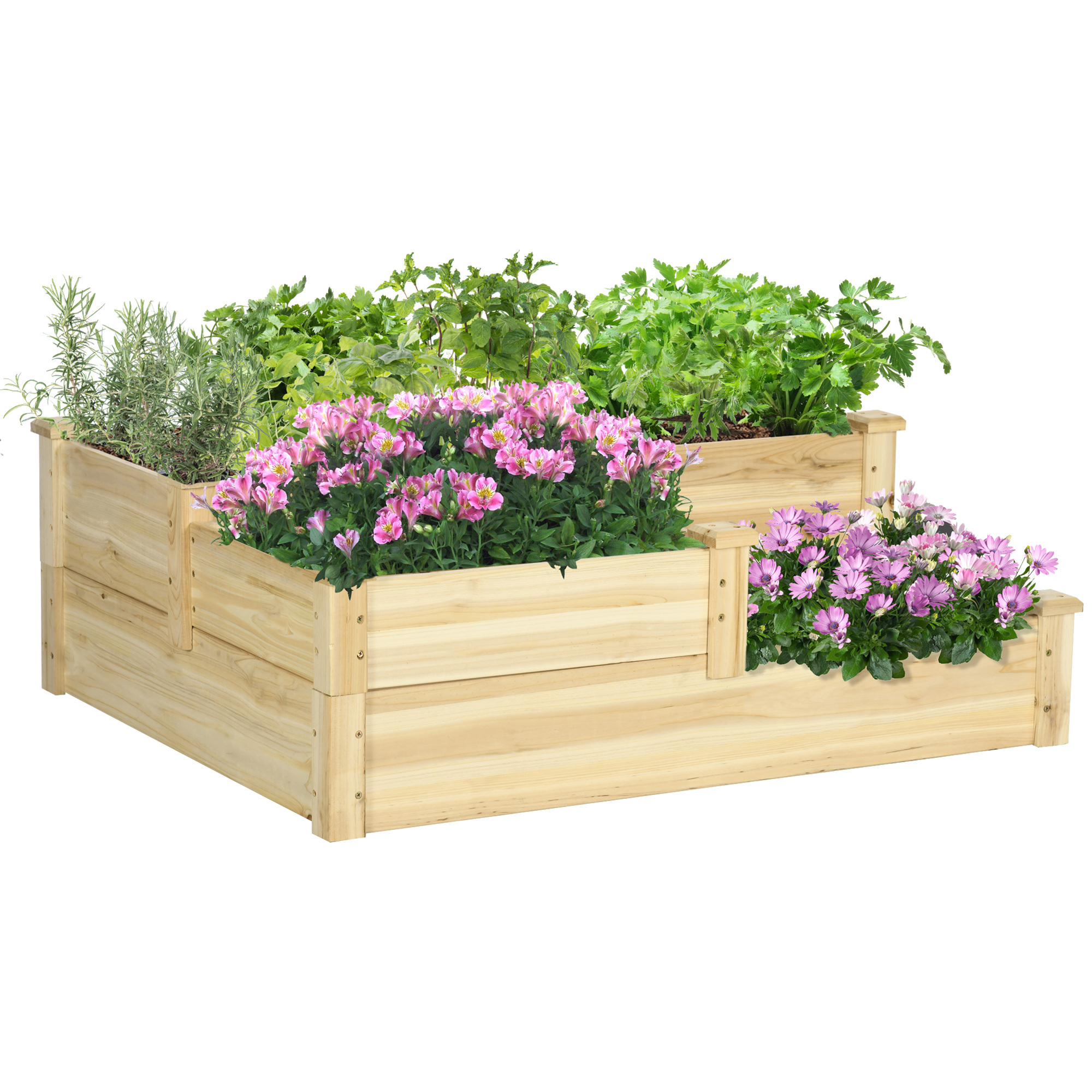 TEMU Lit de jardin surélevé en bois Outsunny, 3 niveaux, pot de jardin extérieur, compartiments séparés, fond, 42,9 x 34,6 x 14,2 pouces (108 x 88 x