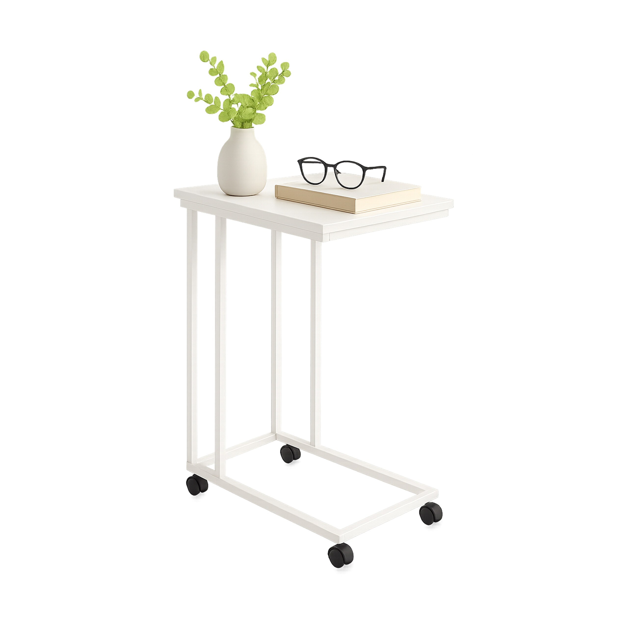Image of Side Table With Casters, 50 X 35 X 68 Cm, Table Top In Wood Look, Frame And Plastic Casters, White, For Living Room, Bedroom, Sofa And Bed, Coffee Table, Nightstand, Side Table, Relaxdays