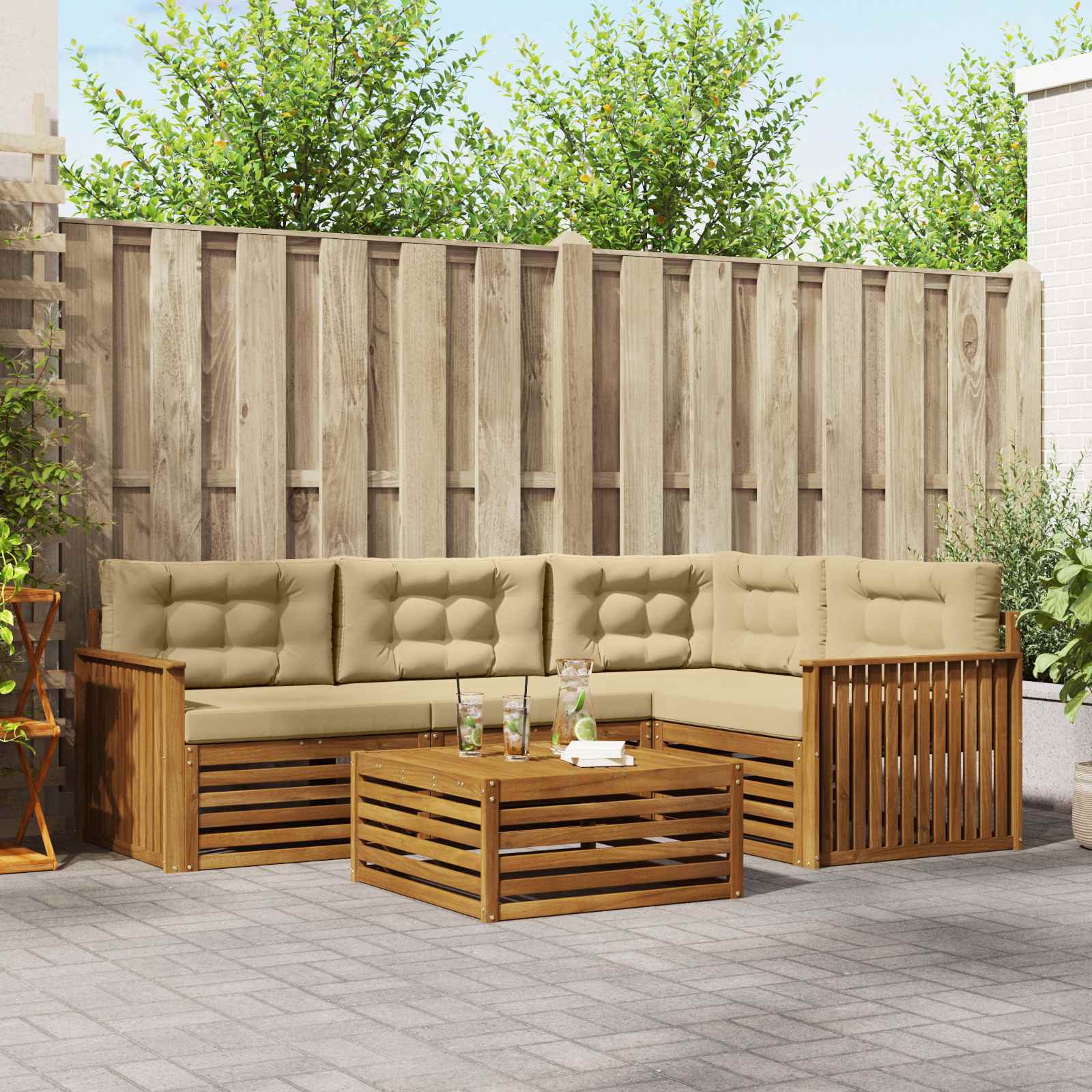 vidaXL Buiten bankenset met kussen 5 pcs en Beige, Buitenbank, Tuinlounge, Sectie, Terrasmobiel, Moderne Zitplek, Comfortabele Set