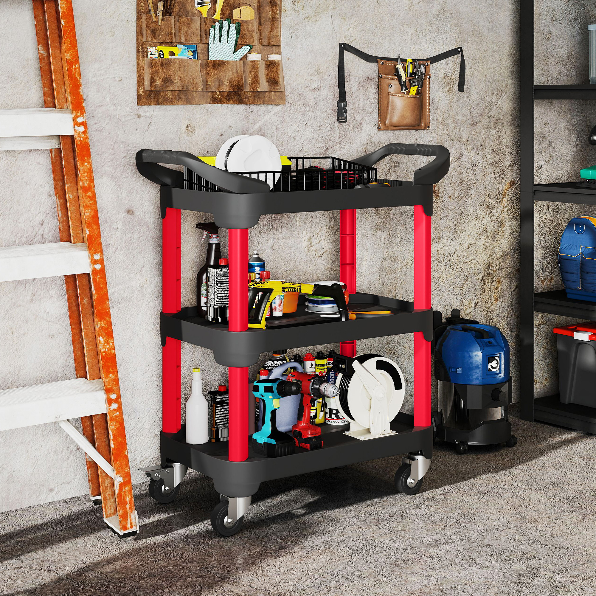 Image of Workshop Trolley With 3 Levels, Tool Cart With Handle, Assembly Cart For Garage, Warehouse, Max. 68 Kg Load Capacity, Black