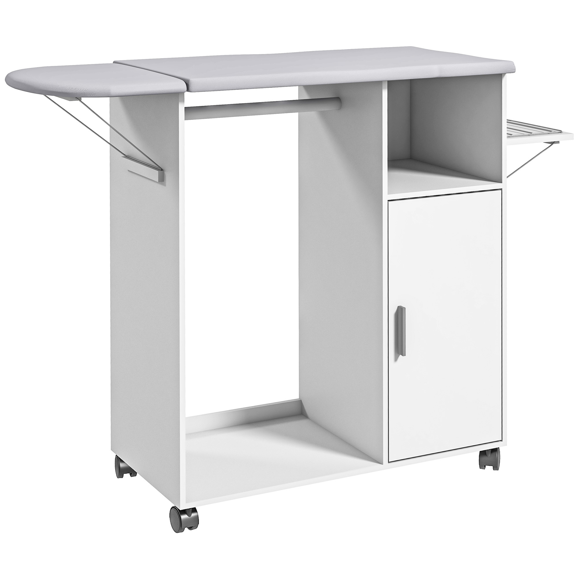 Image of Homcom Wooden Ironing Board Cabinet Ironing Board Folding Ironing Board With Wheels Clothes Hanging Bar Open Shelf Adjustable Shelves For Bedroom Living Room 127x42.5x99 Cm White