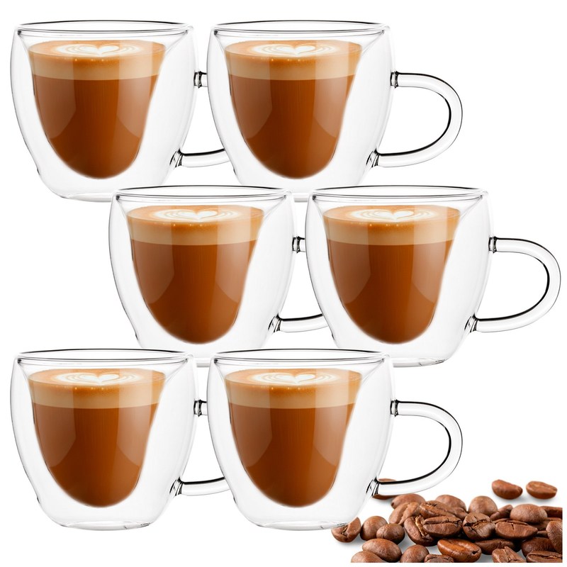 Double-bottomed Glasses 6pcs. Thermal 220 Ml Heart, Coffee Tea Cup With A Handle