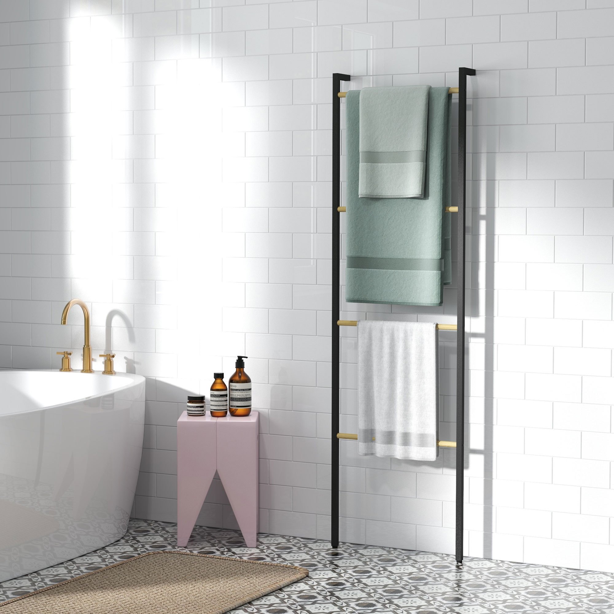 Image of Homcom Towel Ladder 49 X 167.5 Cm Towel Rail With 4 Rods, Space-saving, For Bath Towels, Clothes, Blankets, Newspapers, Steel, Black