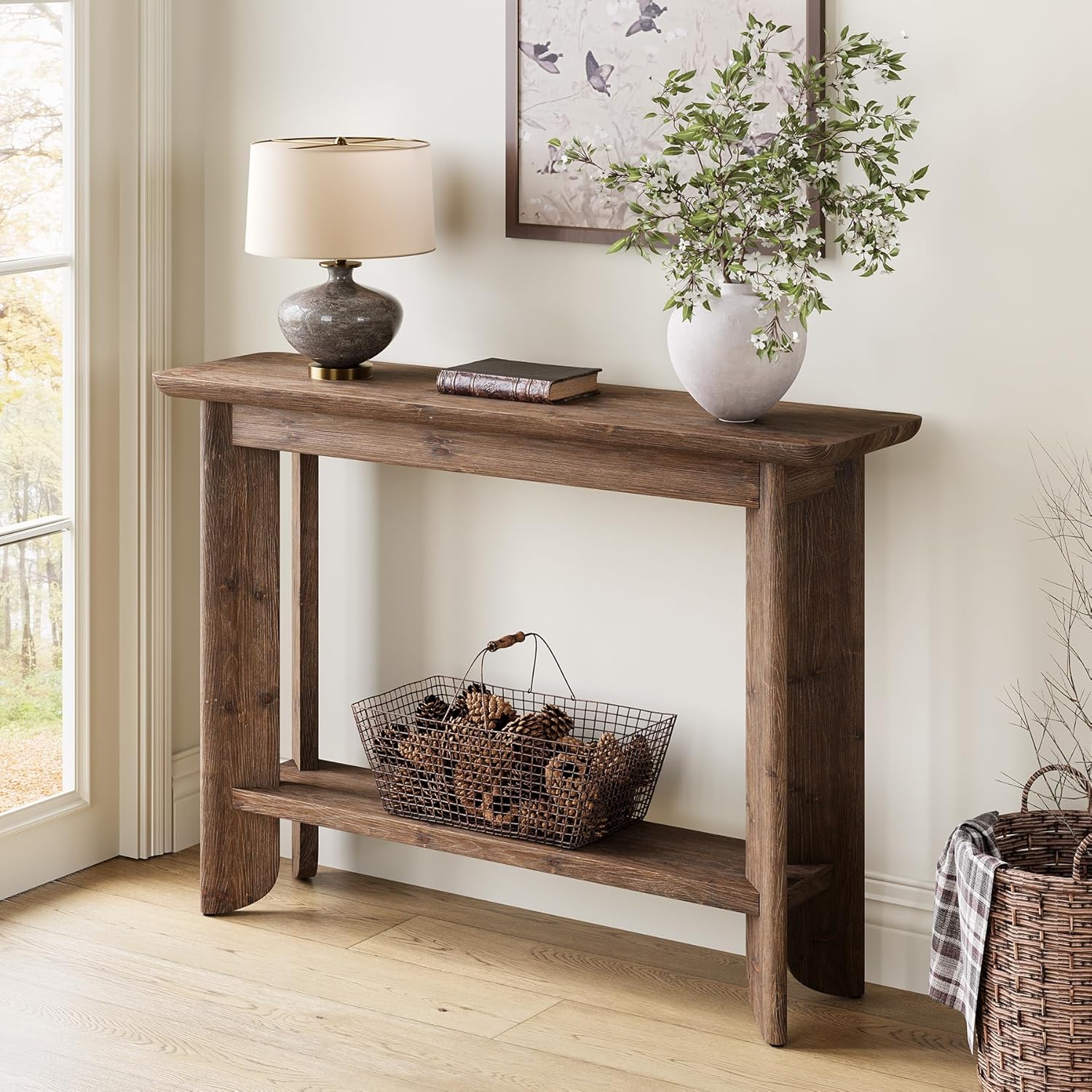 105cm Long 2 Tier Entryway Table, Farmhouse Wood Sofa Table With Storage For Behind Couch Living Room Hallway In Dark Walnut.