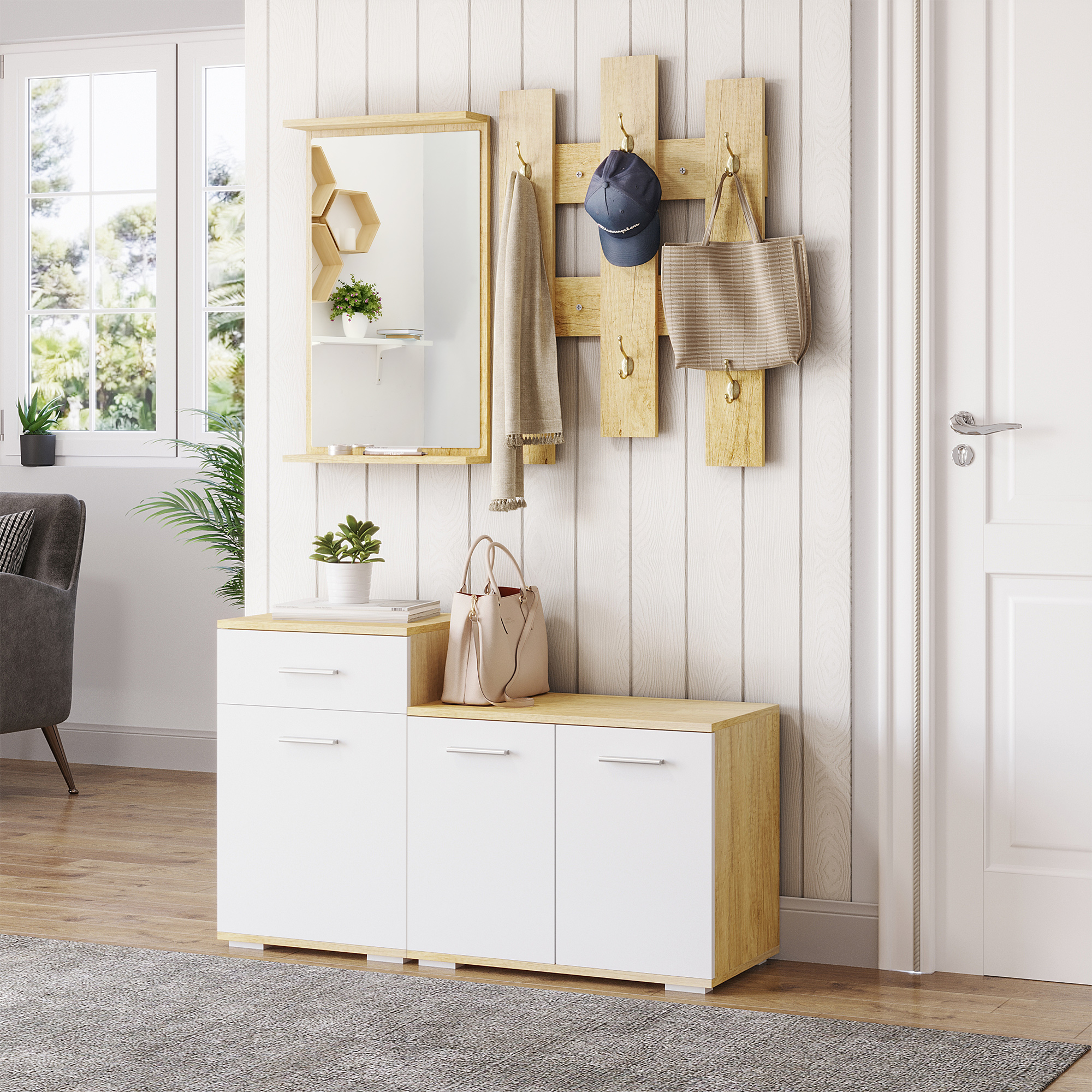 Image of Homcom 3-in-1 Entry Set With Wall-mounted Coat Rack, Mirror And Shoe Rack With Wooden Bench, Wood And