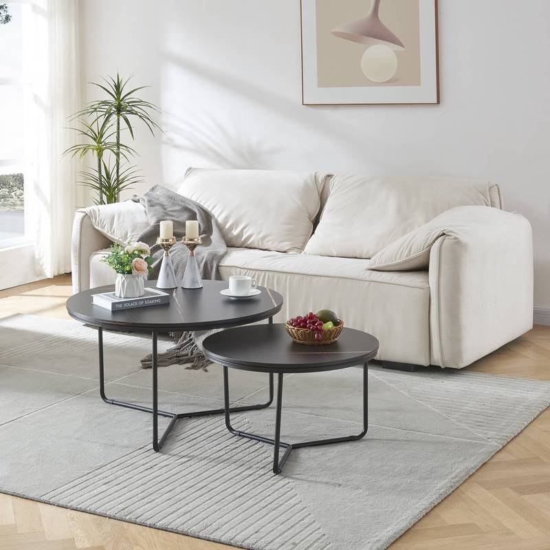Coffee Table Set Poxdorf 2pcs, Round Marble Look, Black