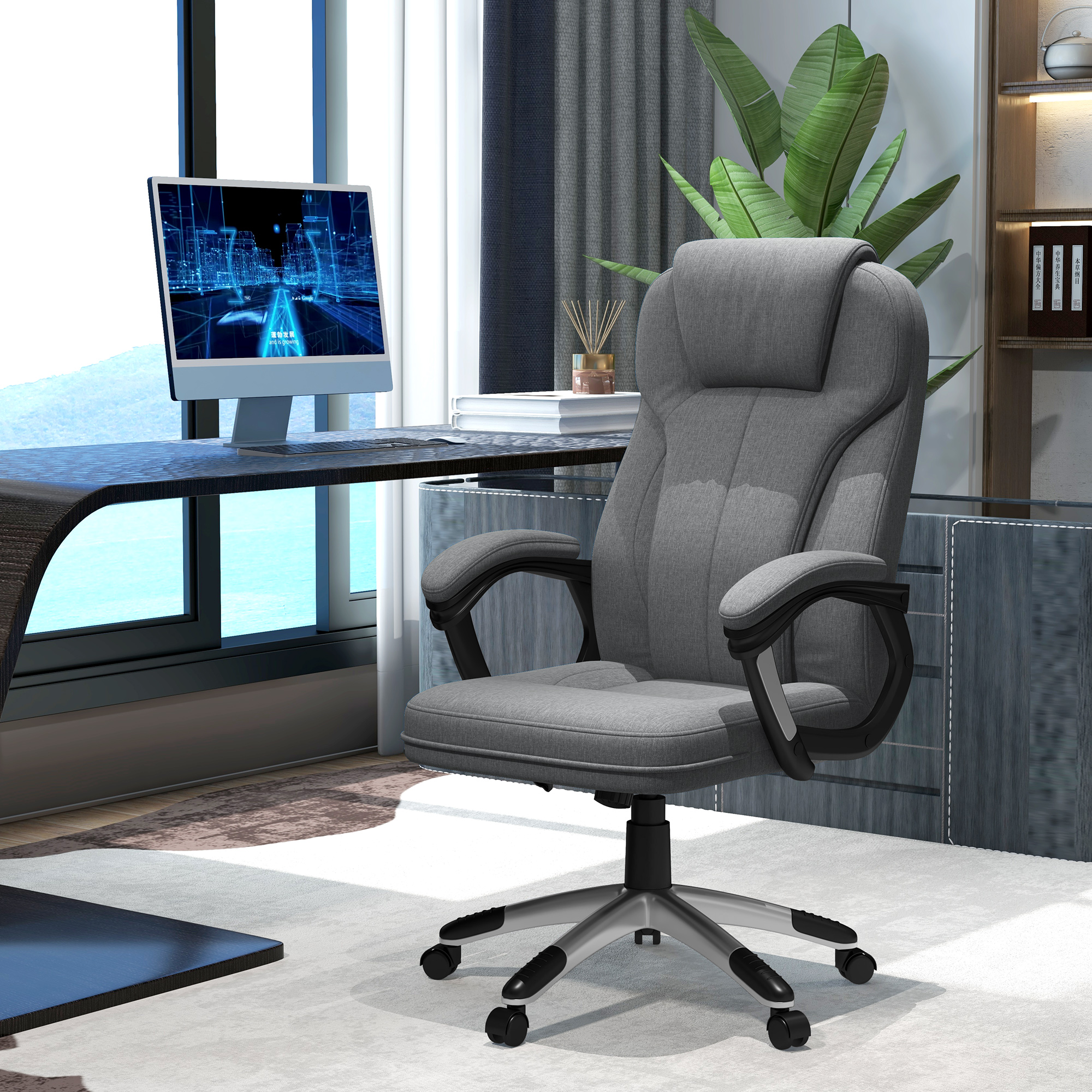 Image of Office Chair Computer Chair Swivel Chair Height Adjustable Tilt Function With Headrest And Padded Armrests Ergonomic Grey Linen 66 X 75 X 110–120 Cm