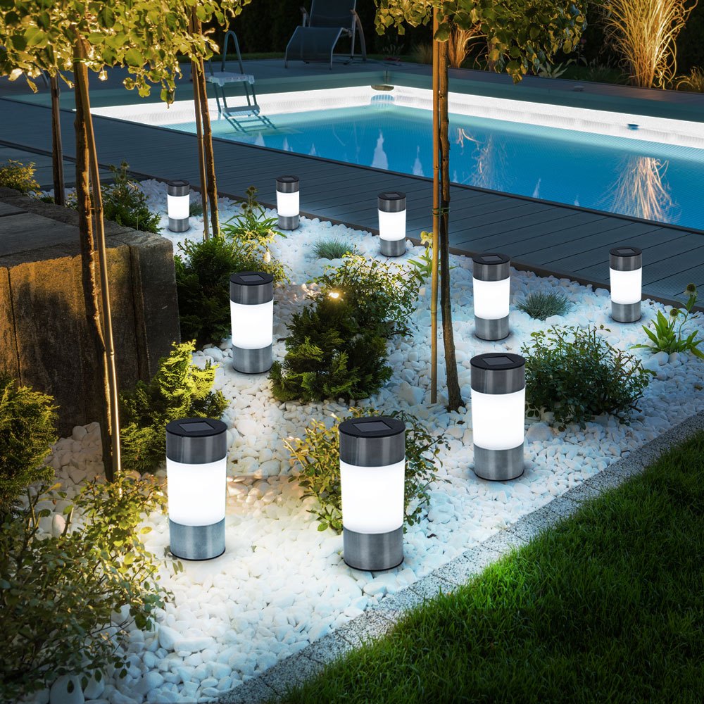 TEMU Solar Light Set, Stainless Steel Stake Lights, Outdoor Pathway Lights, Solar Lamp, Garden Light, Led Warm White, Dxh 6.3x23.5 Cm, 9-piece Set