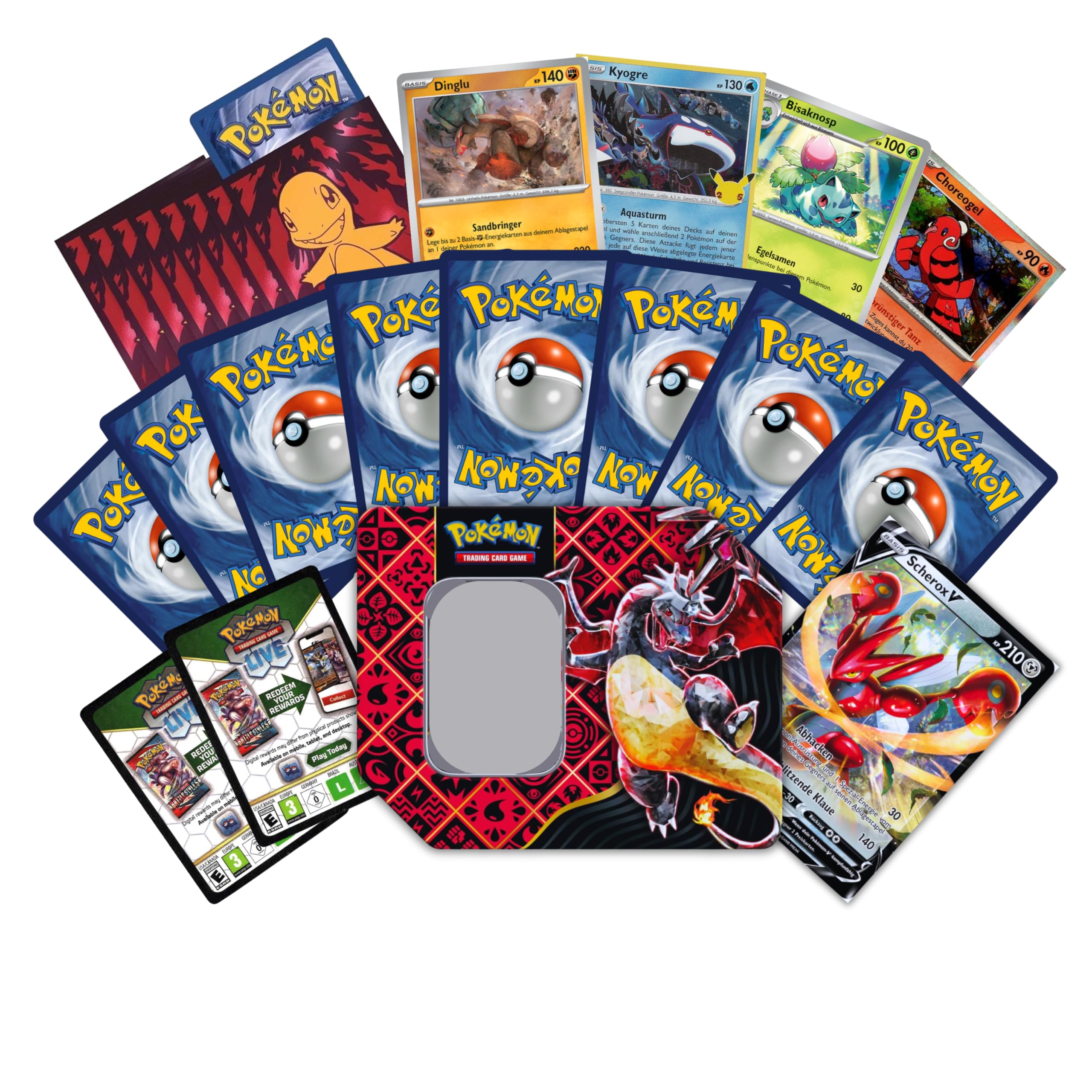 Image of Pokémon Mega Gift Package | 1 Large Random Tin Box With 100 Random Cards | 1 | 65 Sleeves | 10 Codes | 20 Cards & Accessories! Ideal As A Gift + Heartforcards Shipping Protection